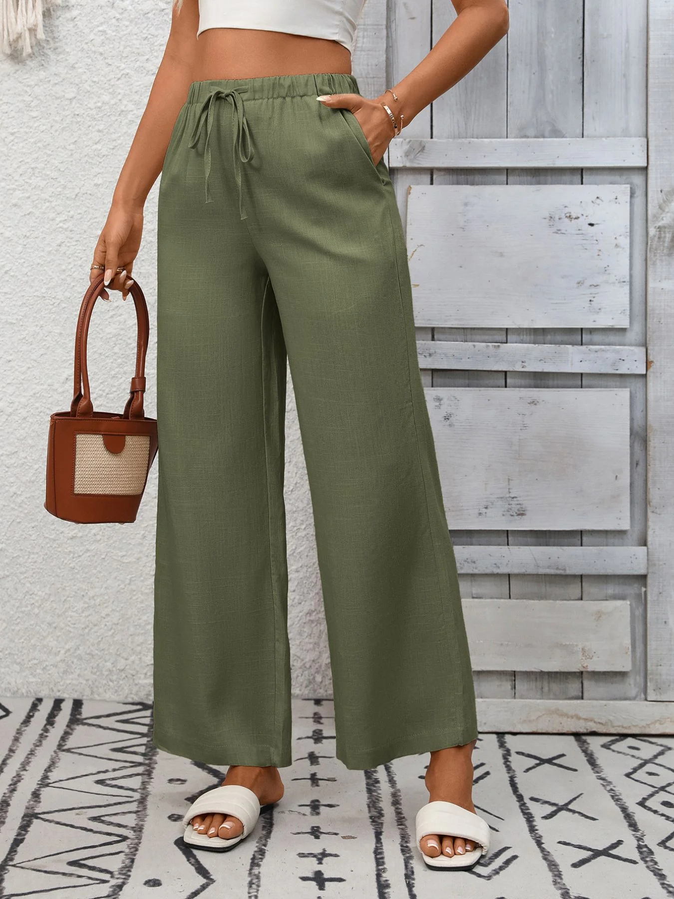 Drawstring High Waist Wide Leg Pants - Image 9