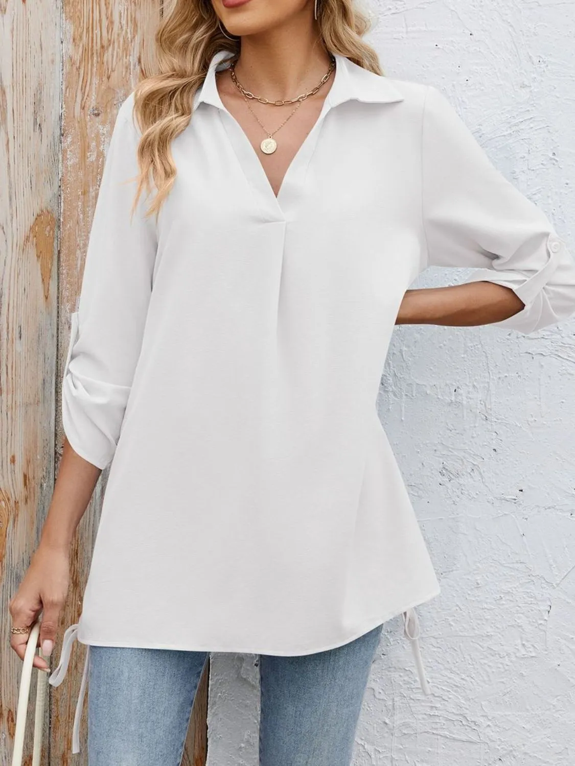 Drawstring Johnny Collared Three-Quarter Sleeve Top - Image 19