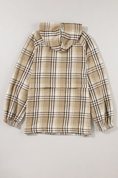 Drawstring Plaid Half Zip Raglan Sleeve Hoodie - Image 3