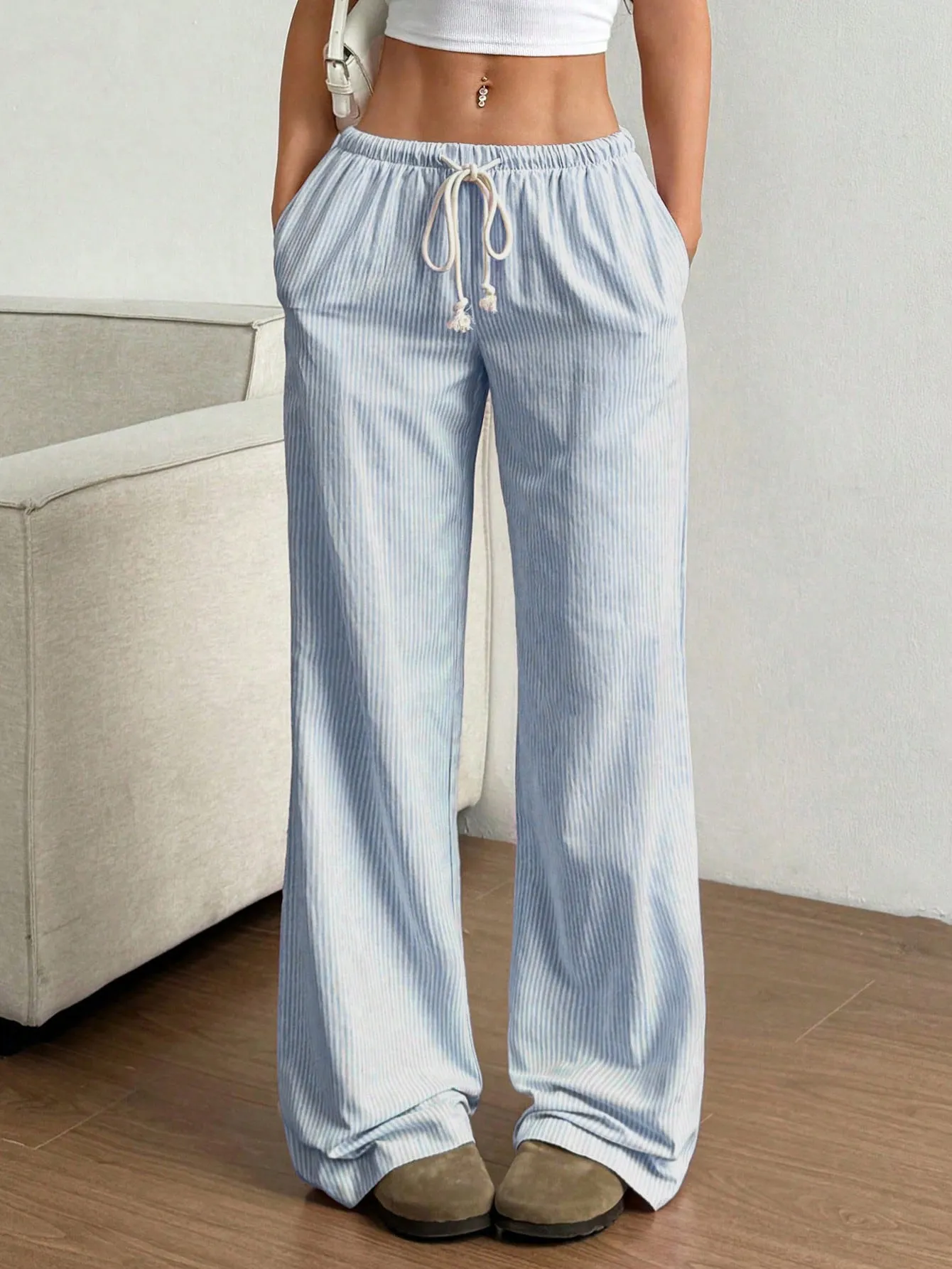 Drawstring Striped Wide Leg Pants - Image 8