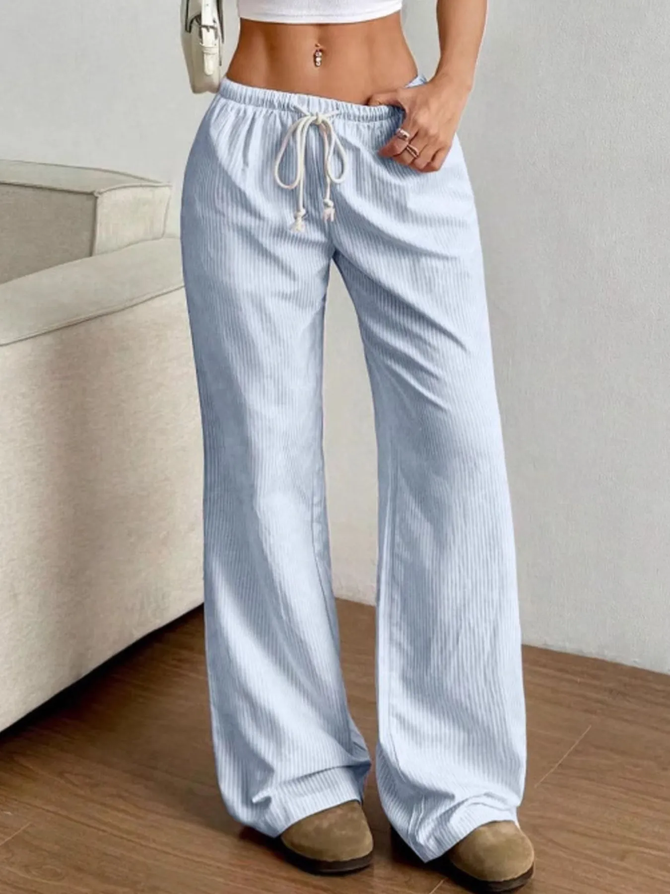 Drawstring Striped Wide Leg Pants - Image 9