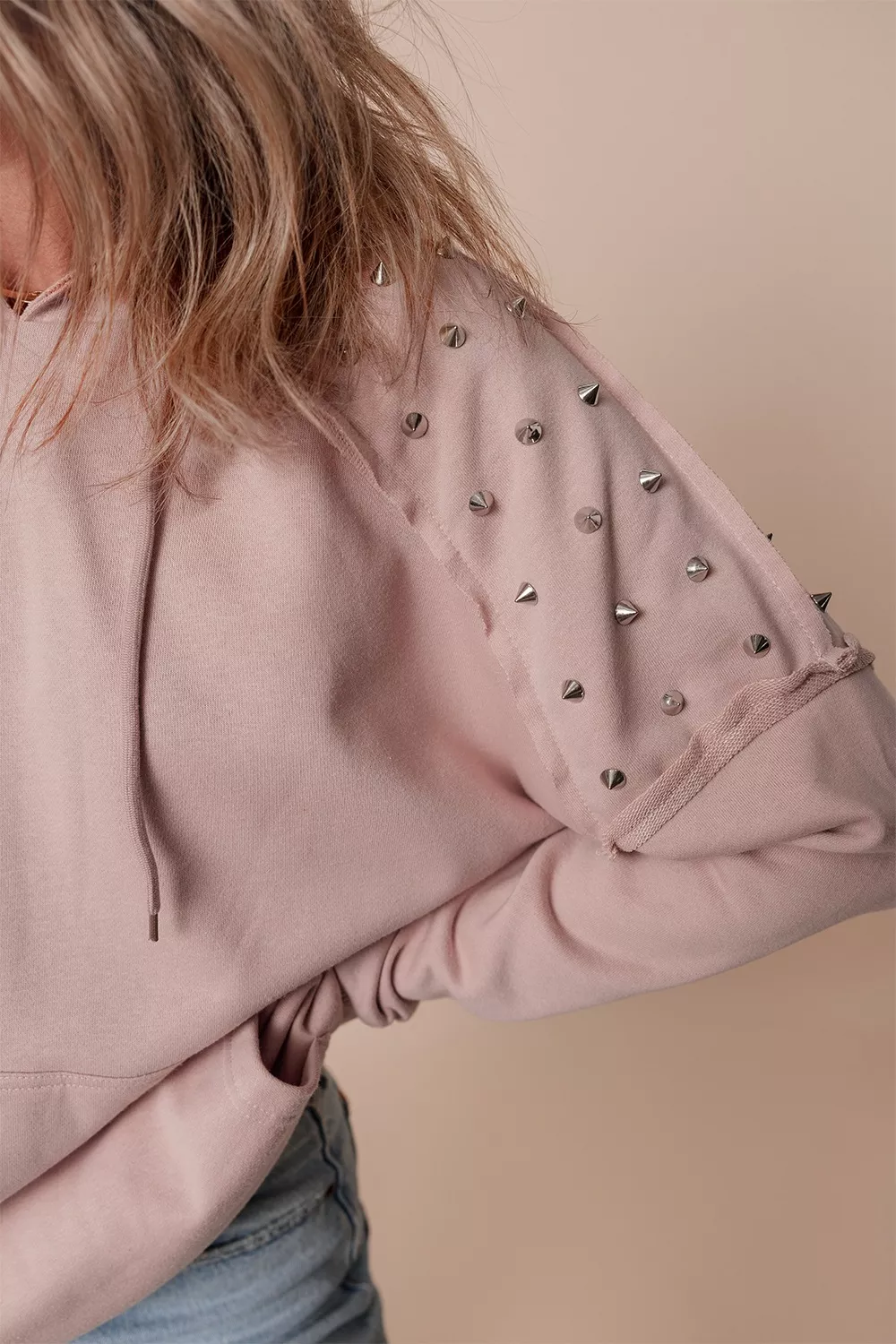 Drawstring Studded Shoulder Hoodie - Image 6
