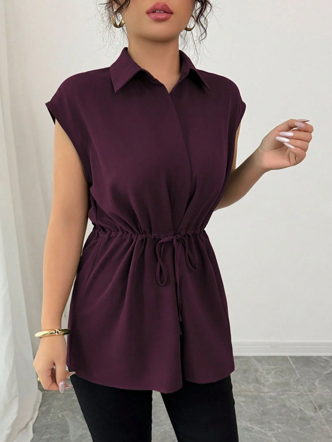 Drawstring Waist Cap Sleeve Shirt - Image 16