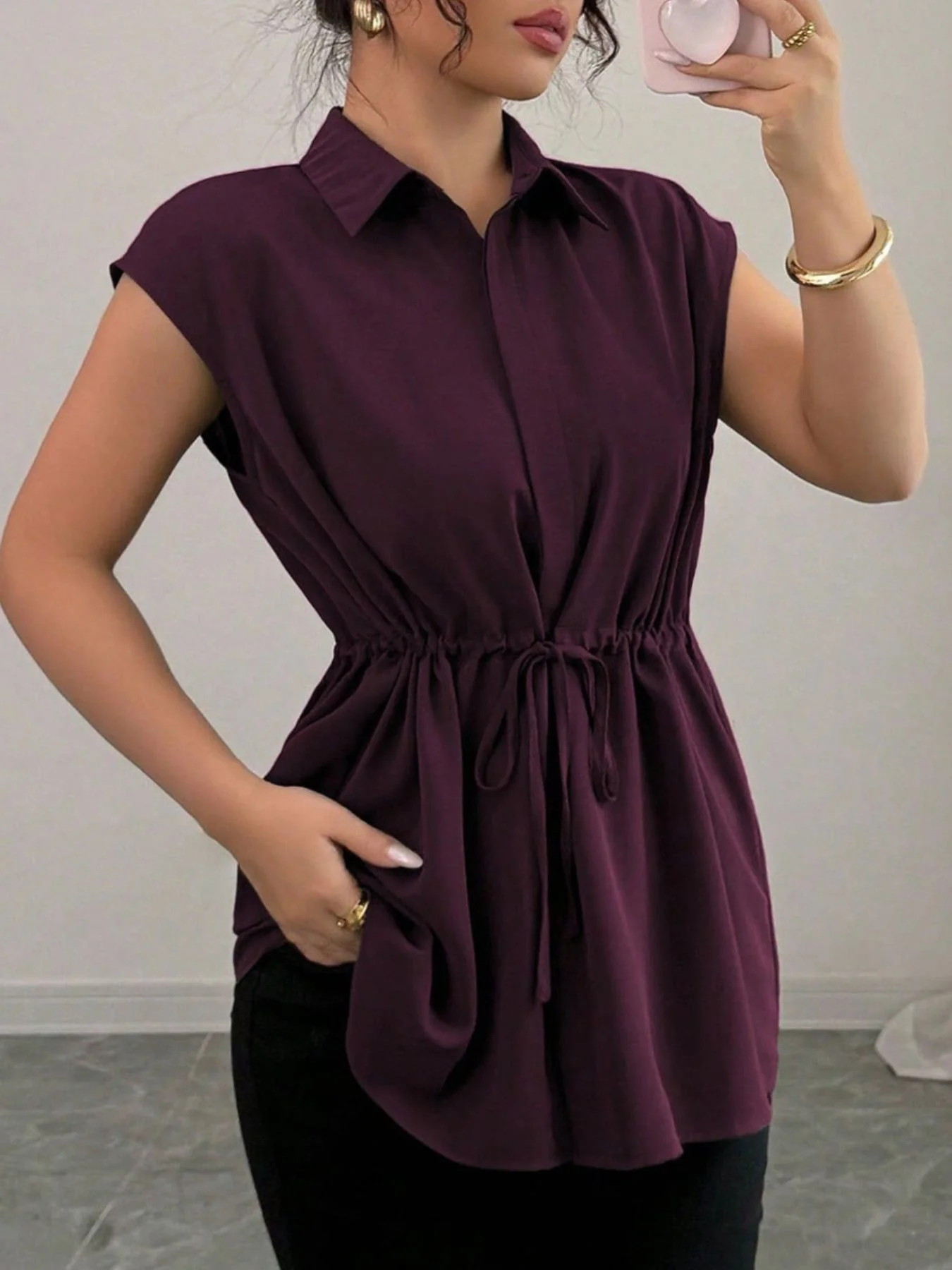 Drawstring Waist Cap Sleeve Shirt - Image 17