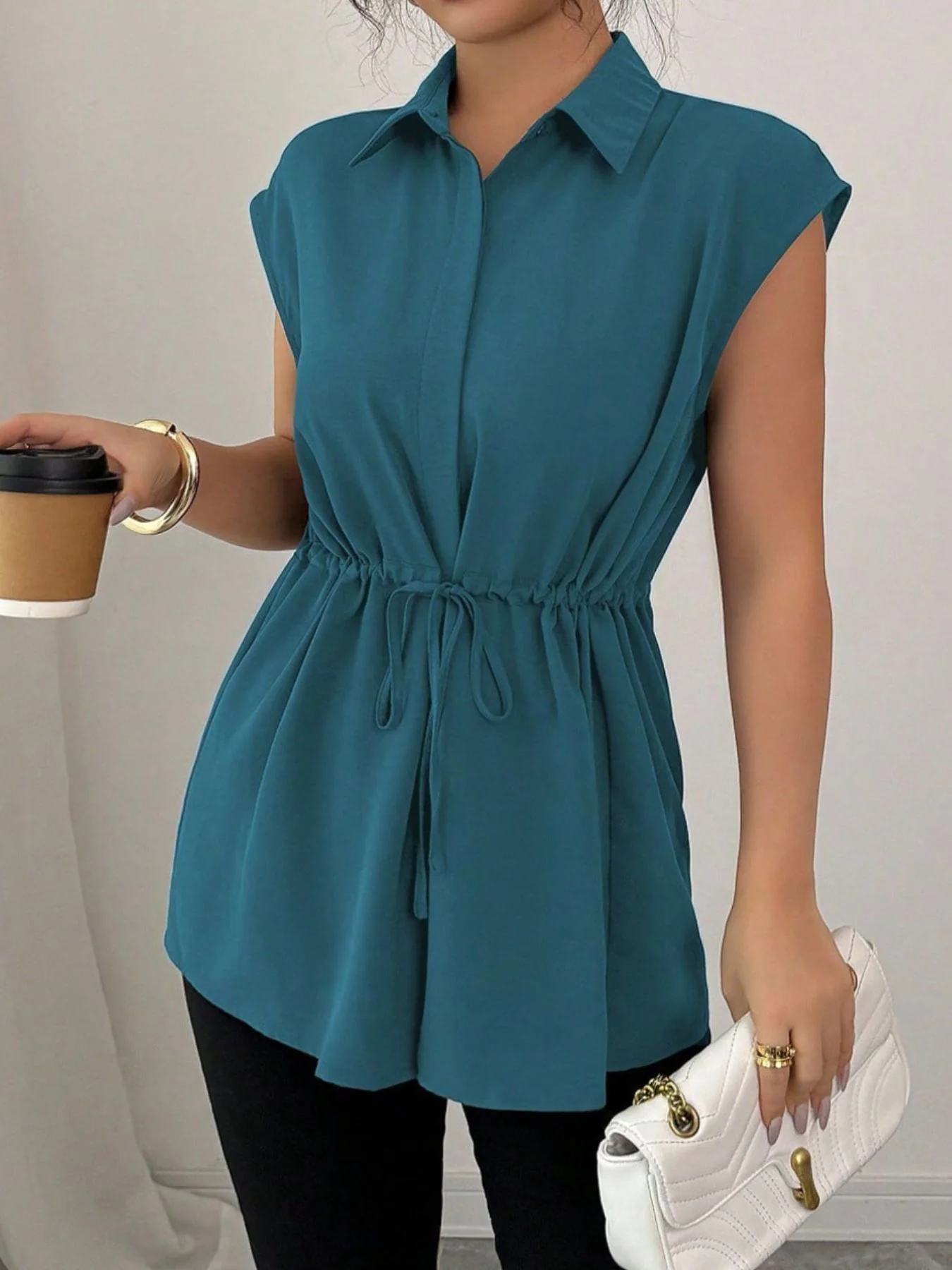 Drawstring Waist Cap Sleeve Shirt - Image 22