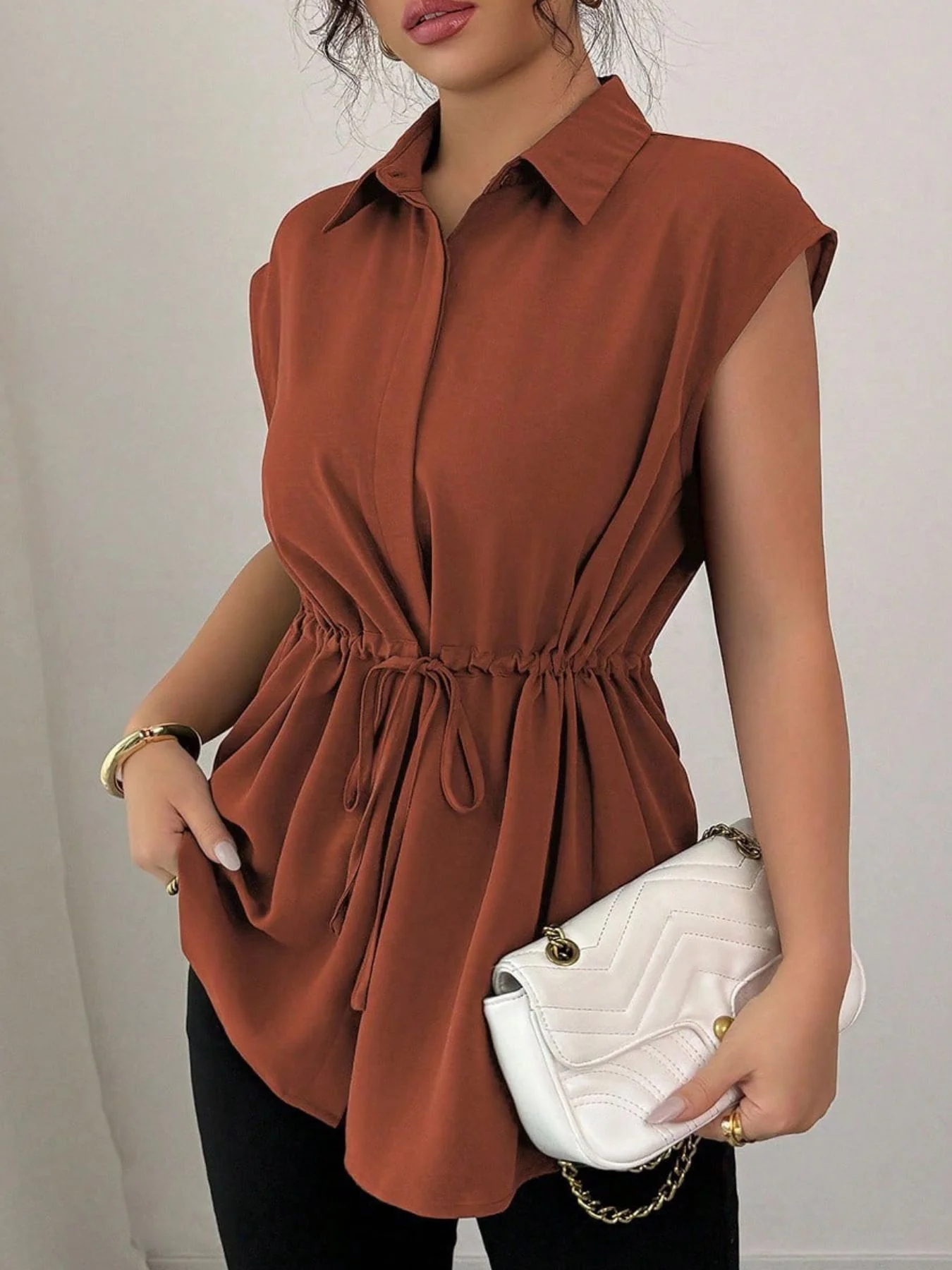 Drawstring Waist Cap Sleeve Shirt - Image 26