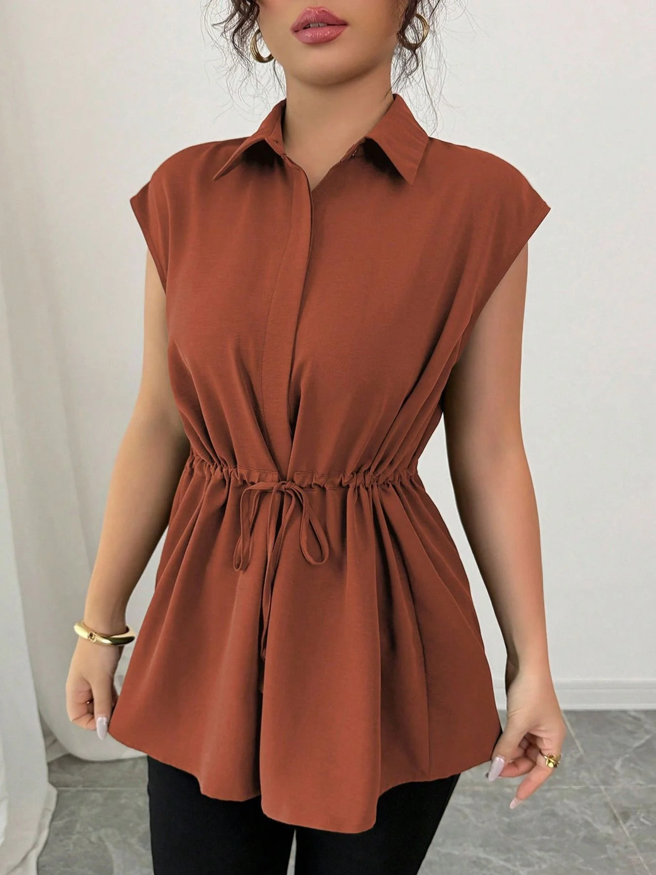 Drawstring Waist Cap Sleeve Shirt - Image 27