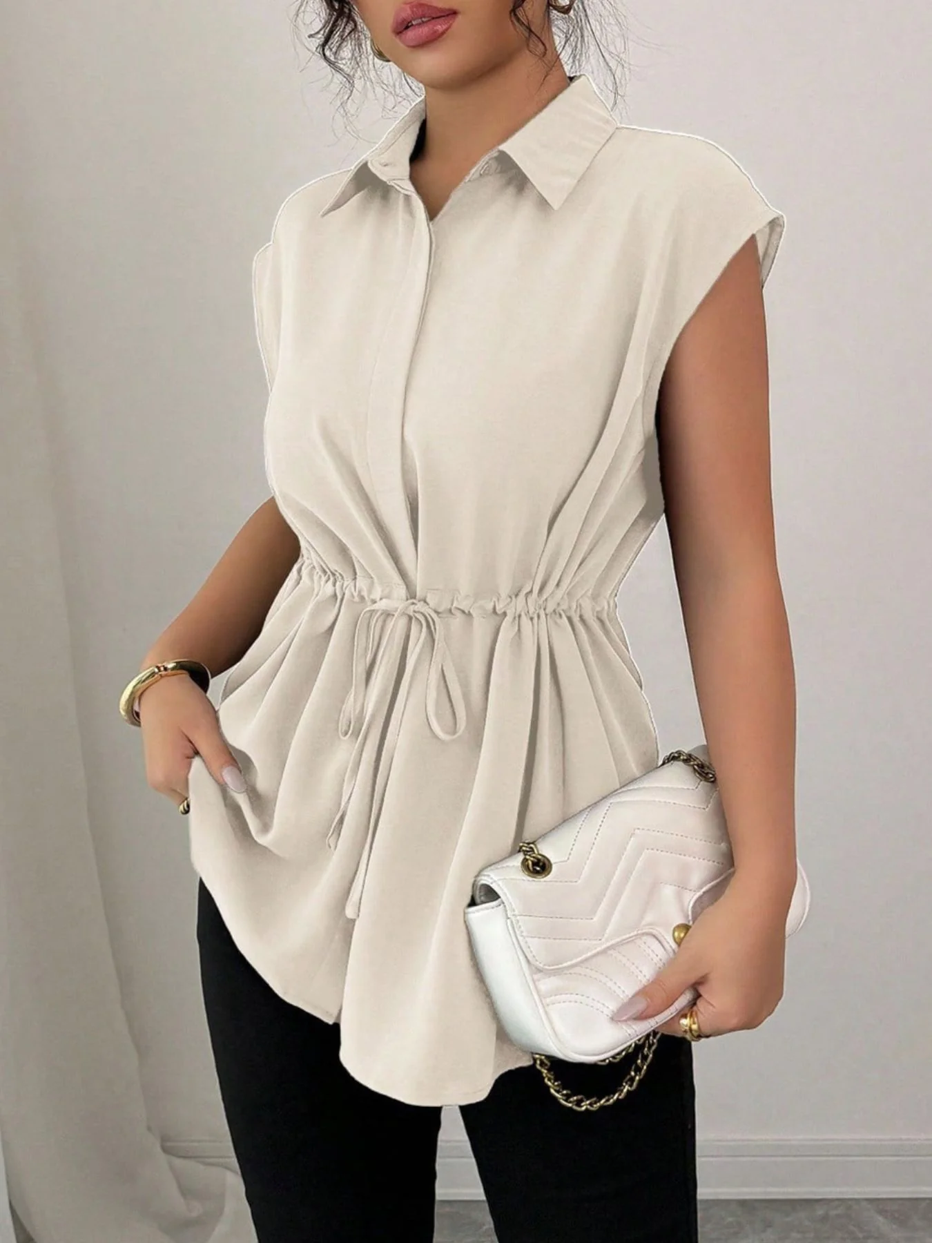 Drawstring Waist Cap Sleeve Shirt - Image 4
