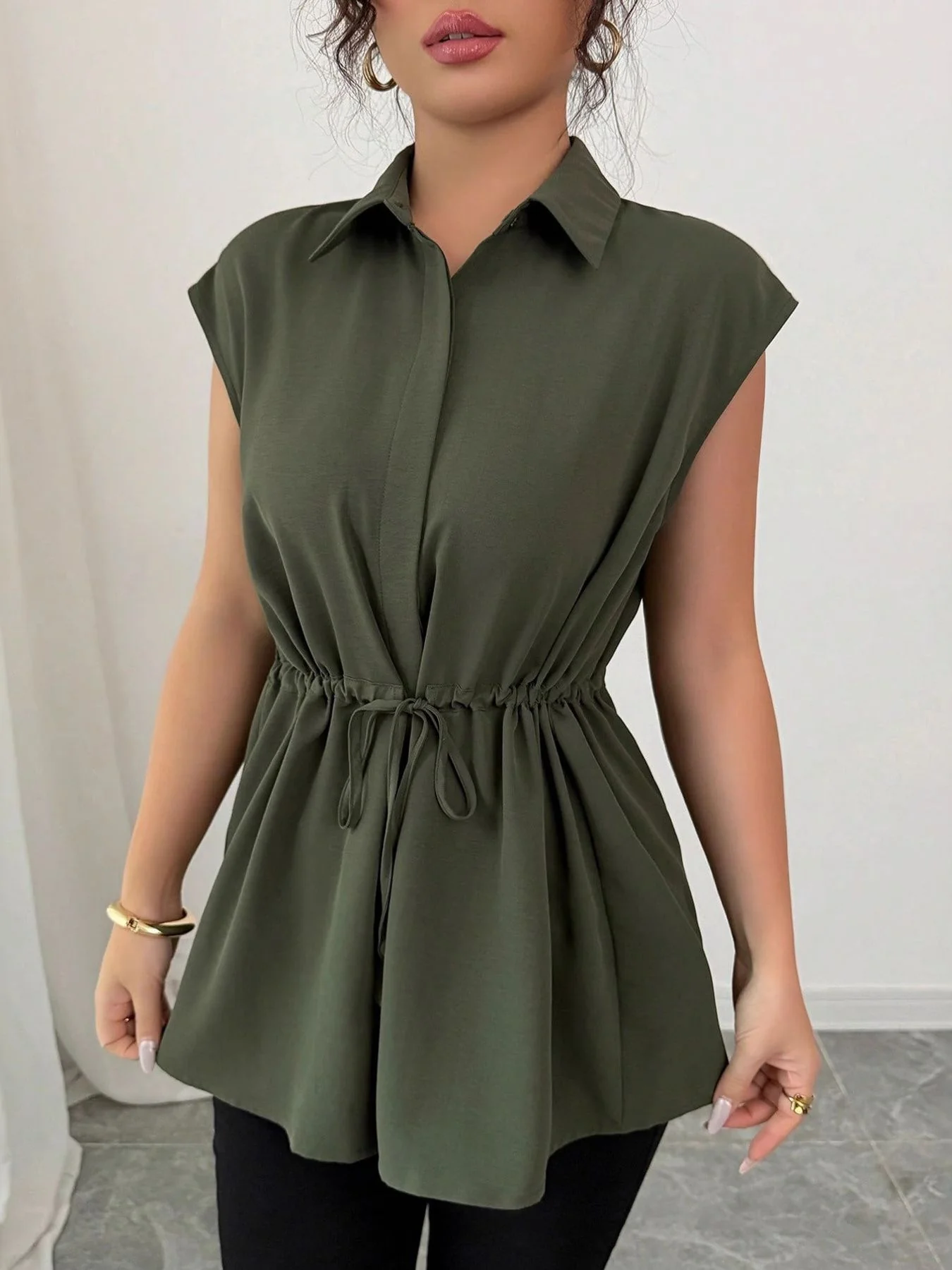 Drawstring Waist Cap Sleeve Shirt - Image 8