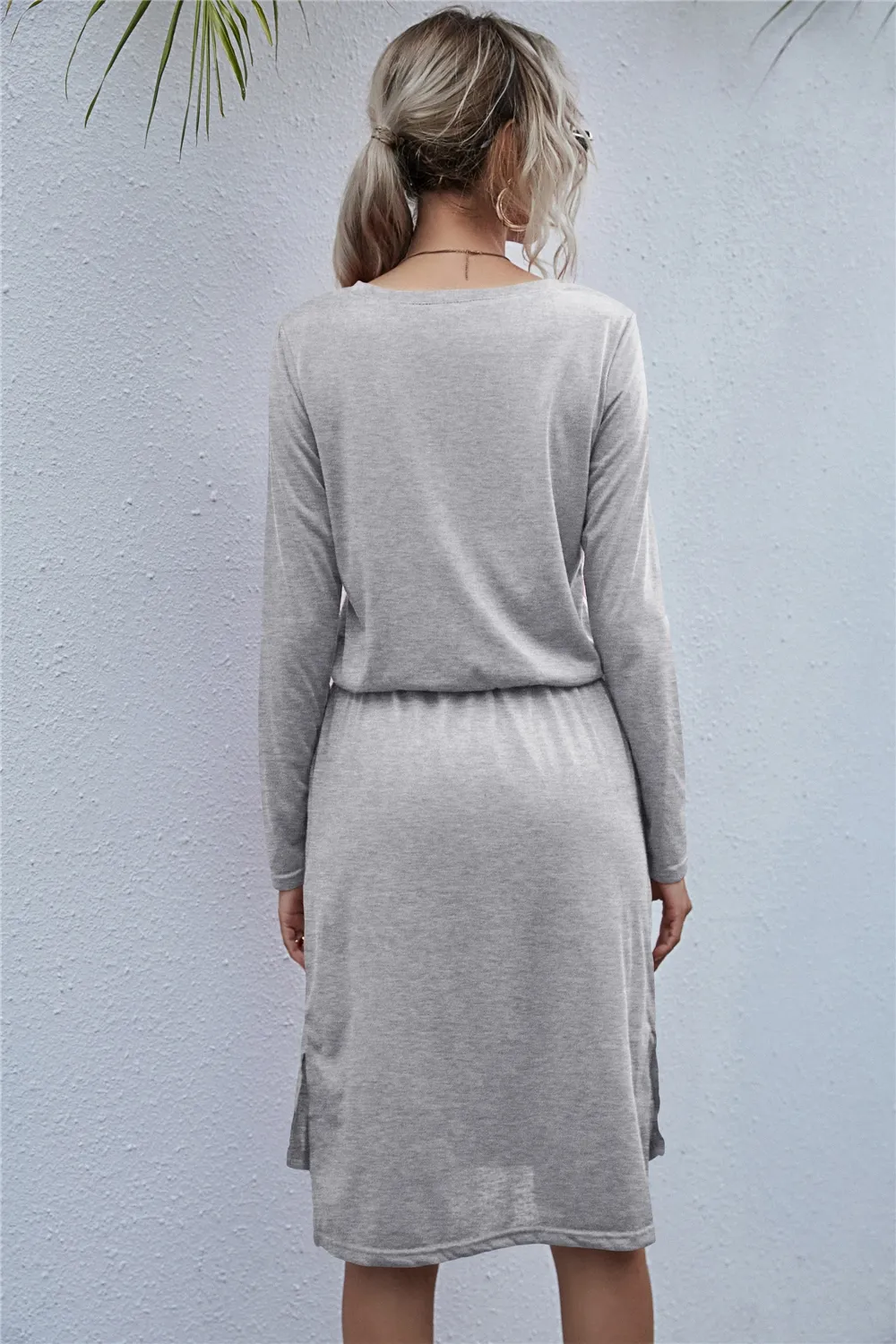 Drawstring Waist Round Neck Long Sleeve Dress - Image 2