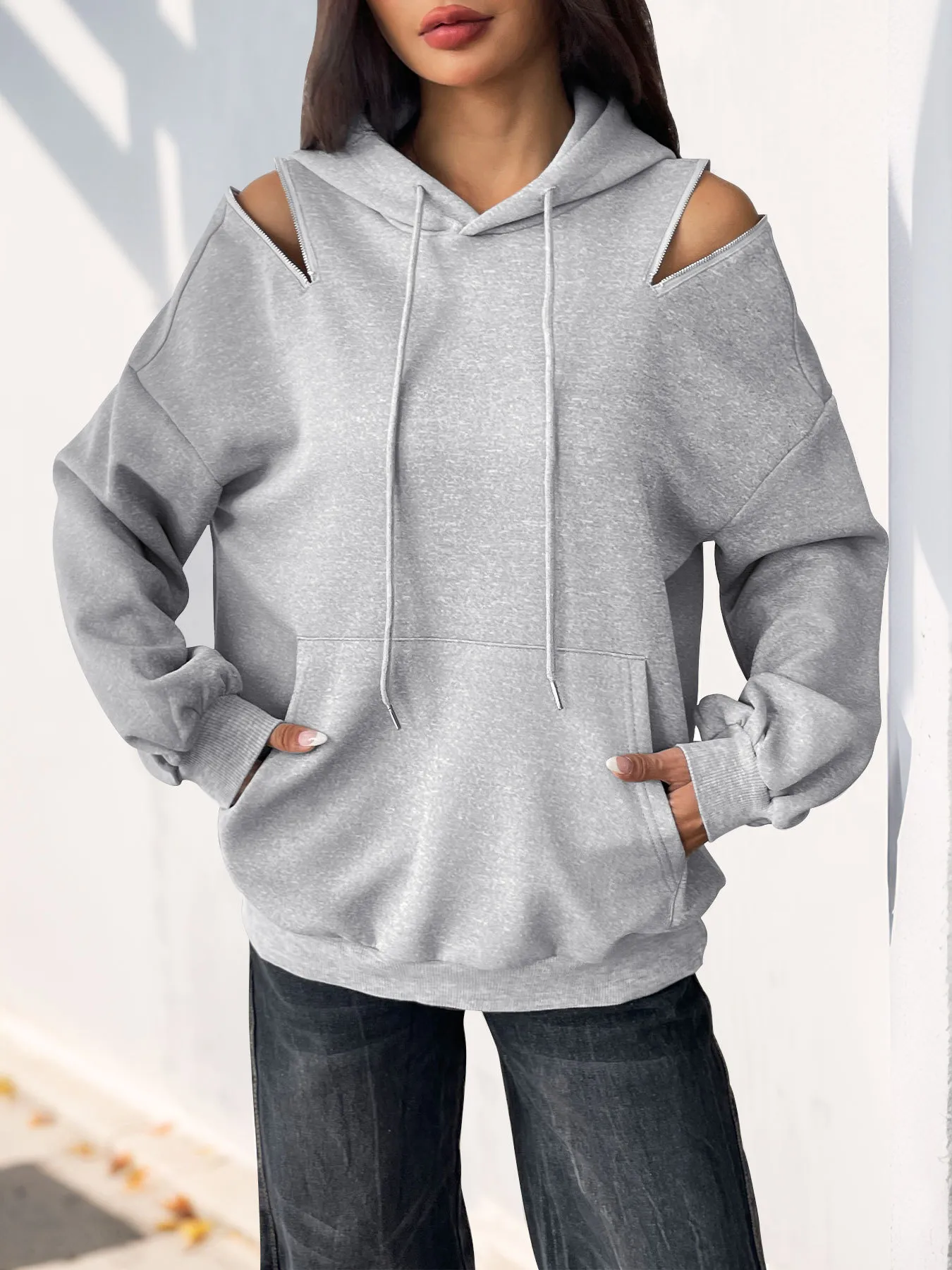 Drawstring Zip Detail Cold Shoulder Hoodie - Image 2