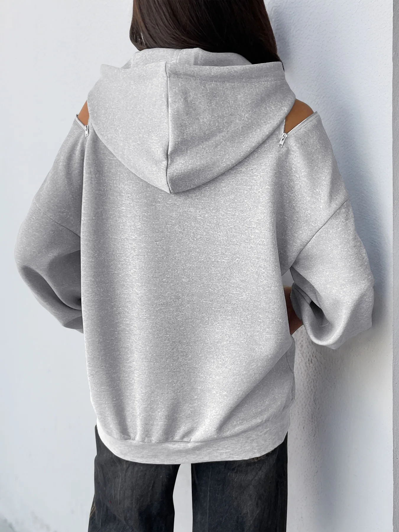 Drawstring Zip Detail Cold Shoulder Hoodie - Image 4