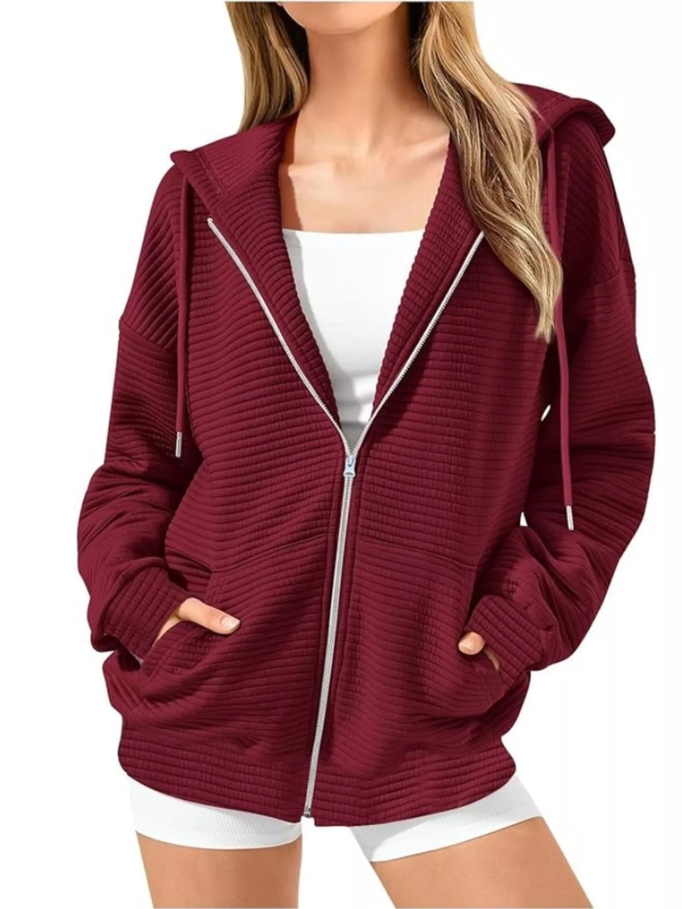 Drawstring Zip Up Dropped Shoulder Hoodie - Image 16
