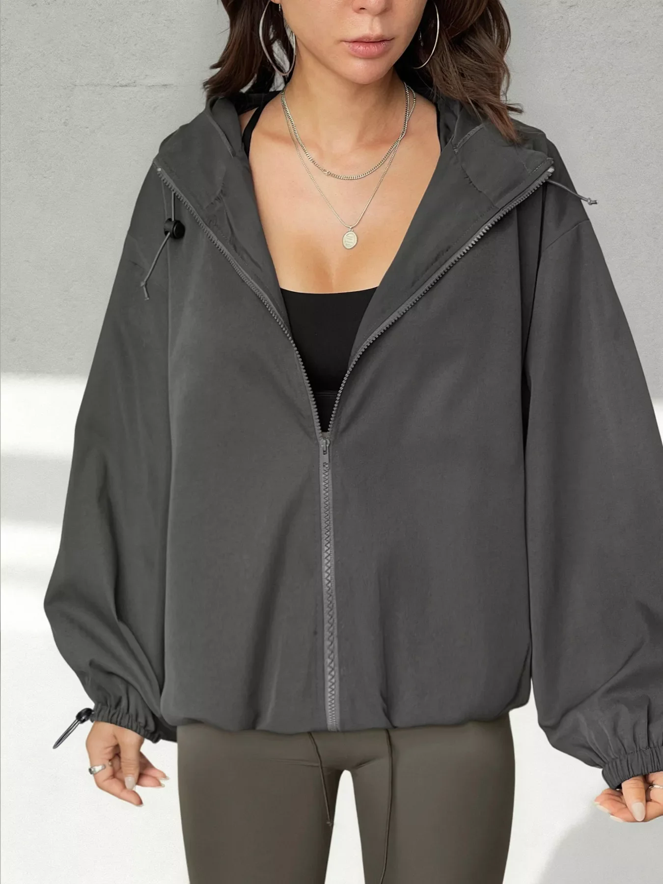 Drawstring Zip Up Hooded Jacket - Image 2