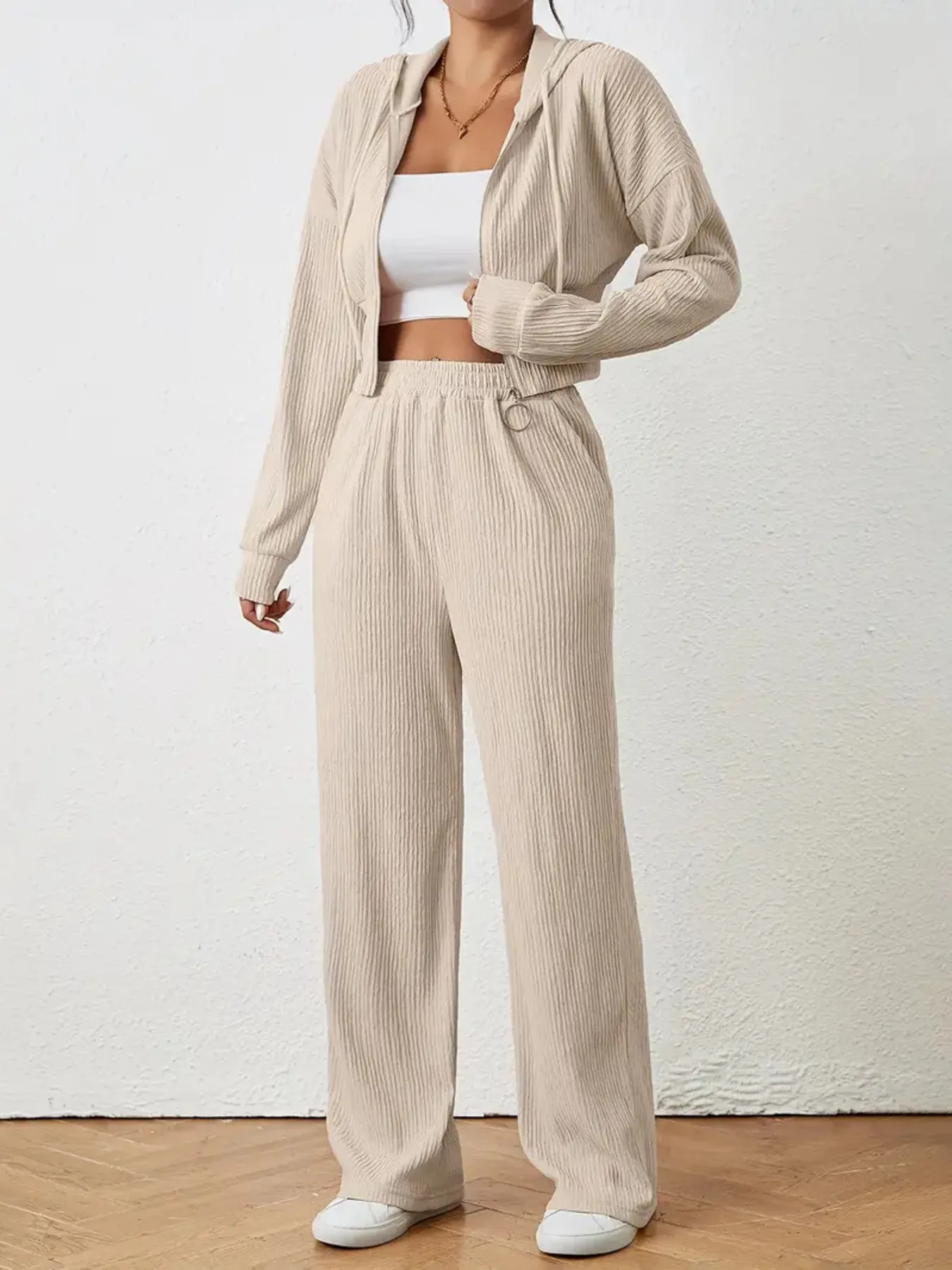 Drawstring Zip Up Hooded Top and Pants Set - Image 3