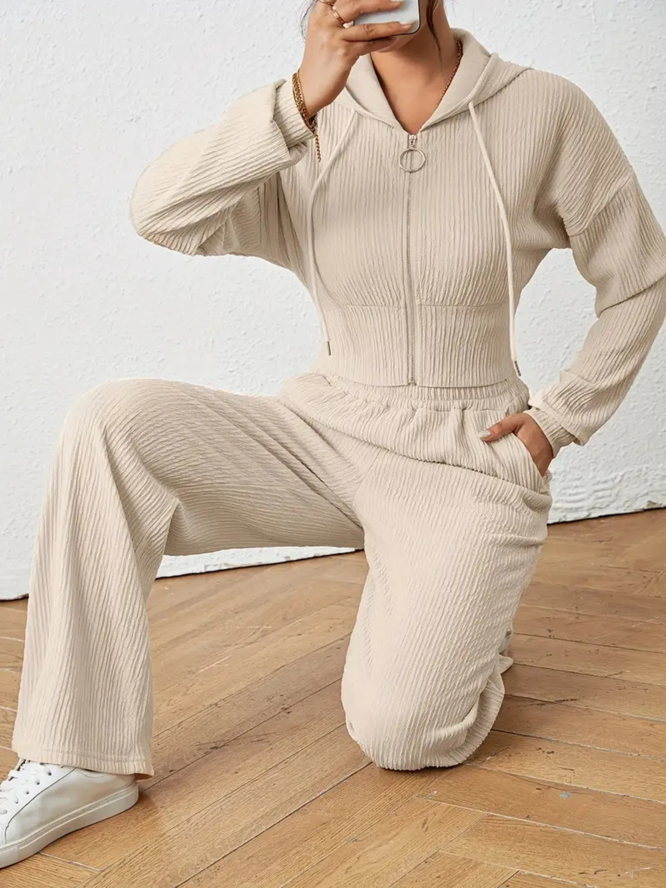 Drawstring Zip Up Hooded Top and Pants Set - Image 4