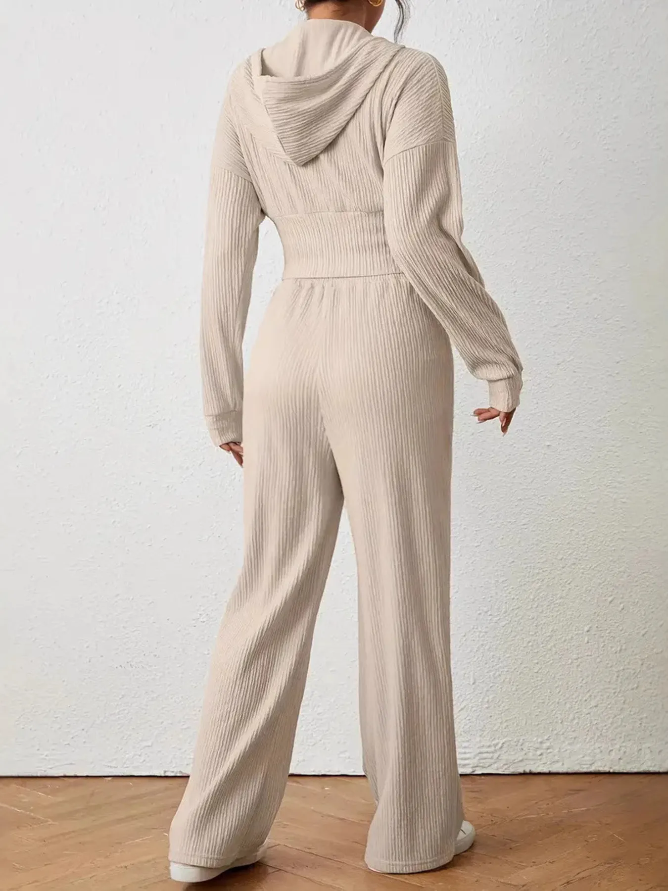 Drawstring Zip Up Hooded Top and Pants Set - Image 5