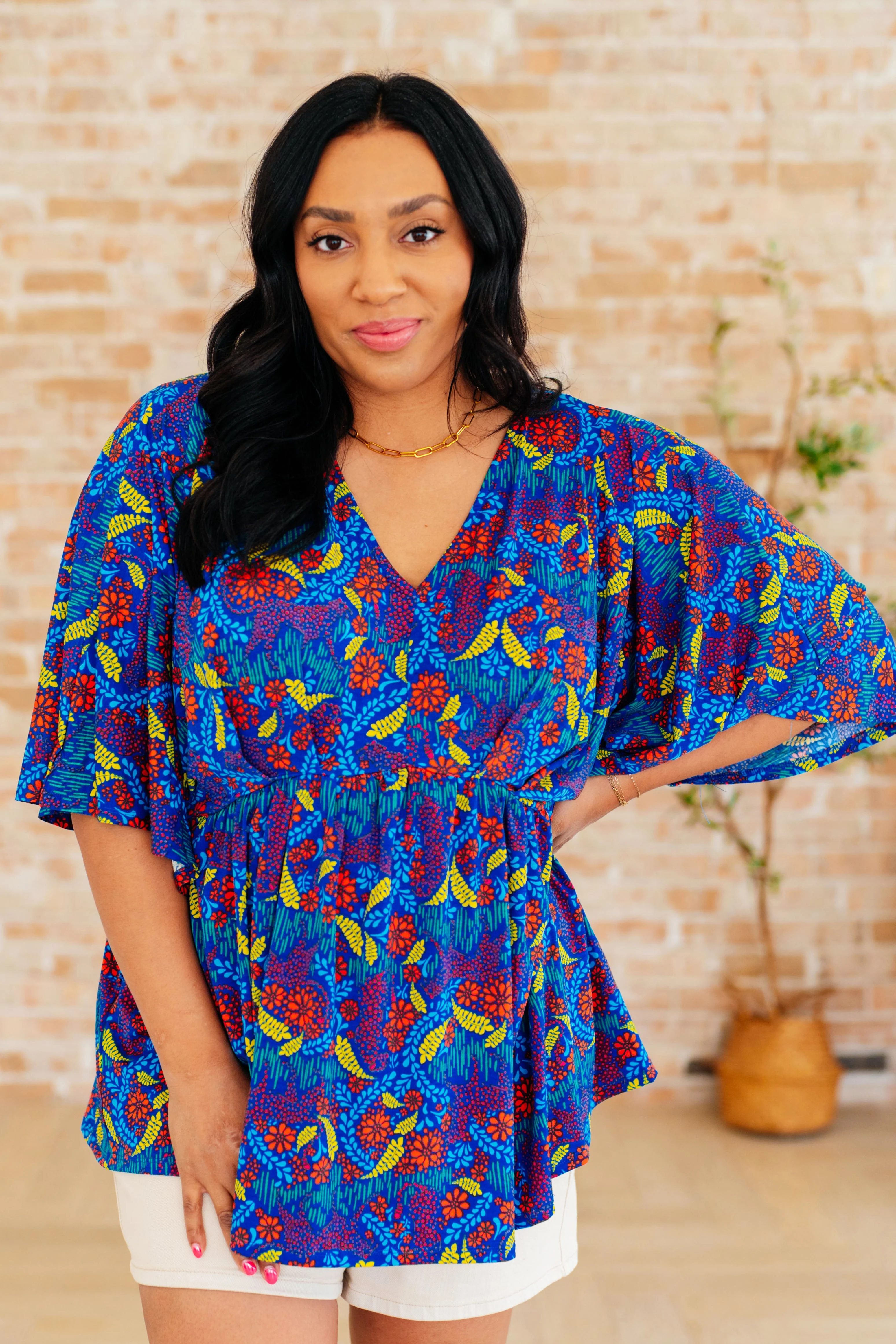 Dreamer Peplum Top in Royal and Red Abstract - Image 2