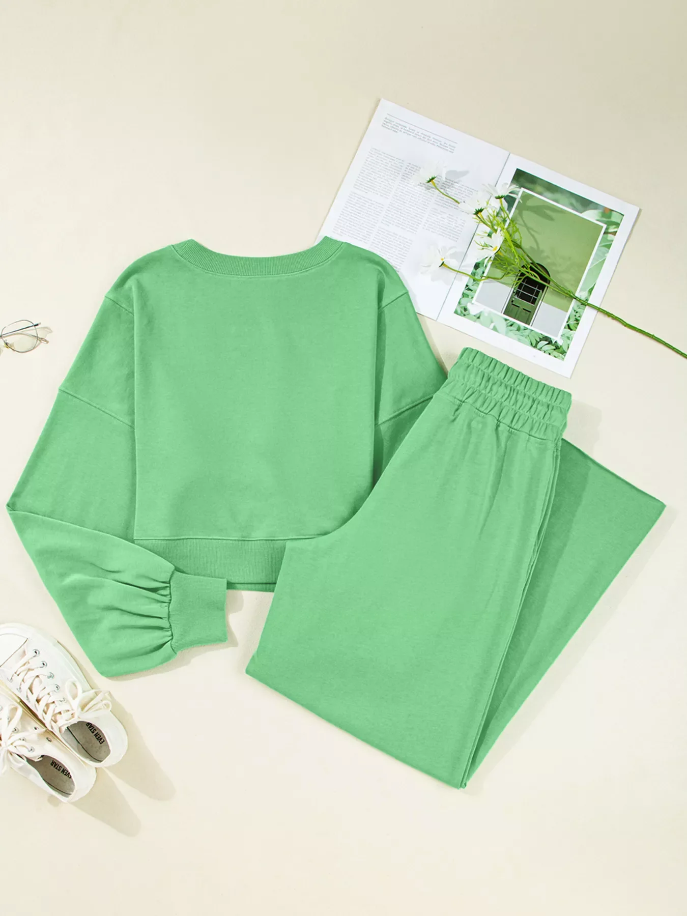 Drop Shoulder Puff Sleeve Crop Top and Drawstring Wide Leg Pants Set - Image 8