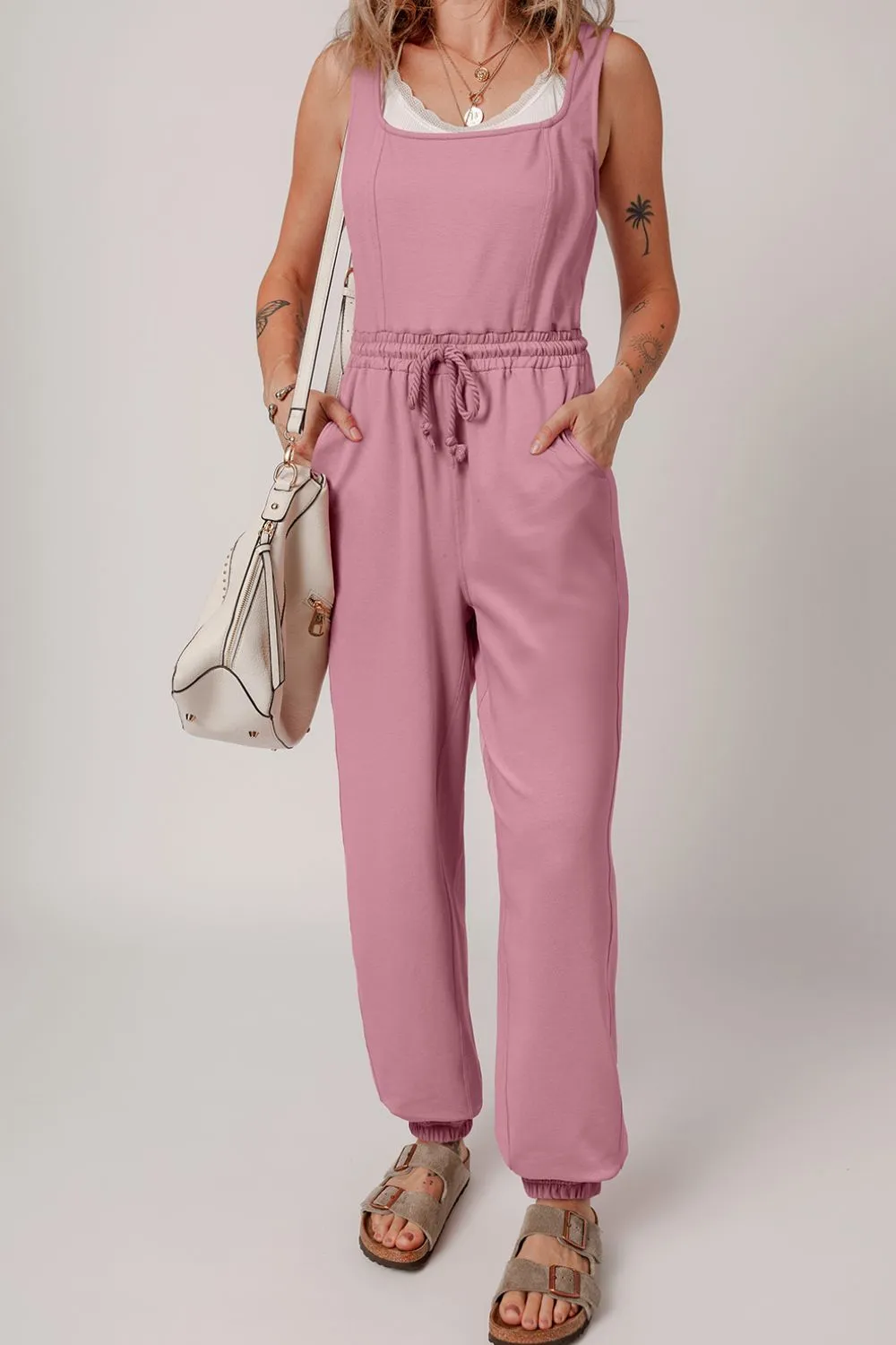 Elastic Waist Sleeveless Square Neck Jumpsuit - Image 3