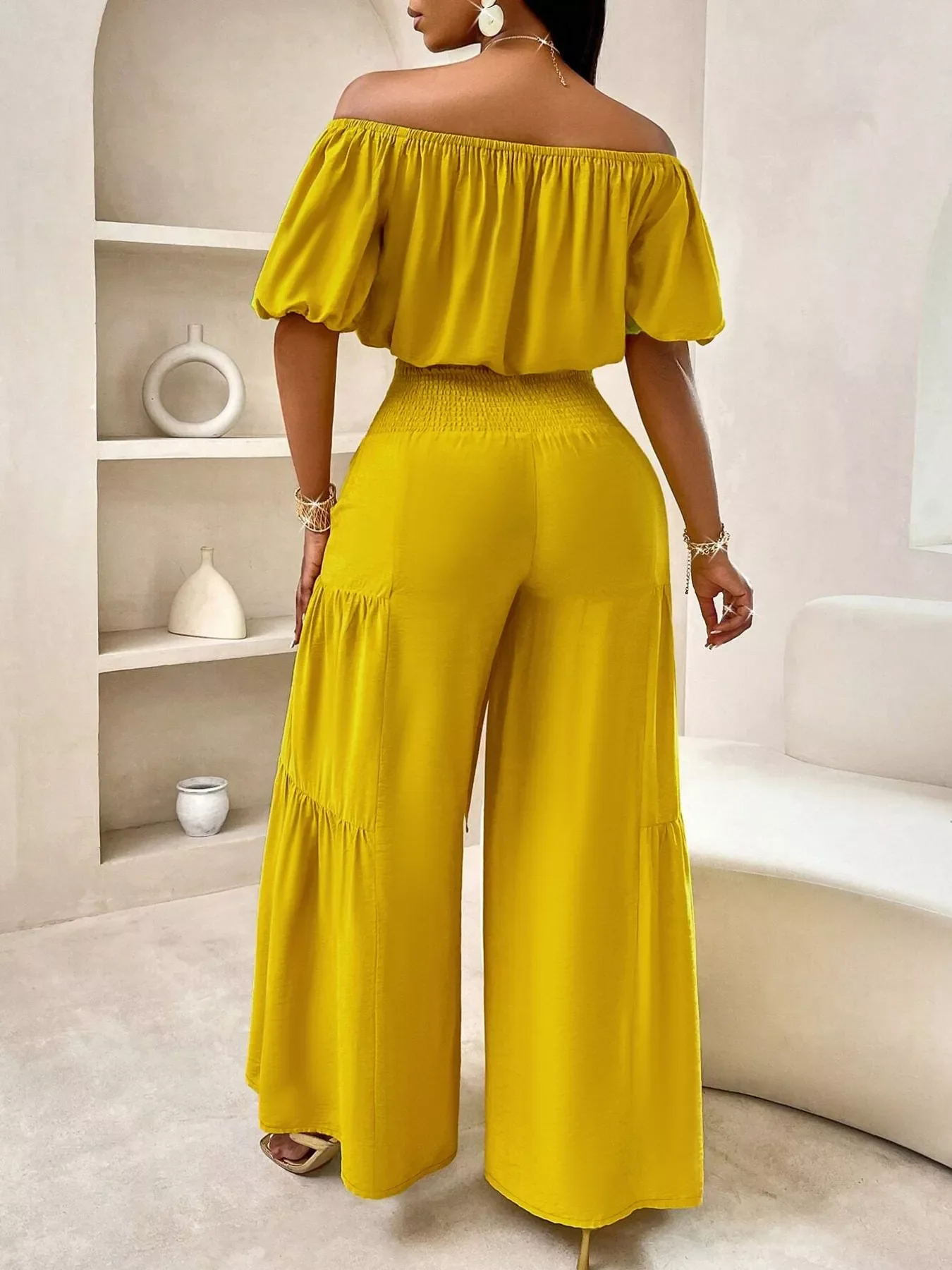 Elegant Off-Shoulder Crop Top and Ruched Wide Leg Pants Set - Image 2