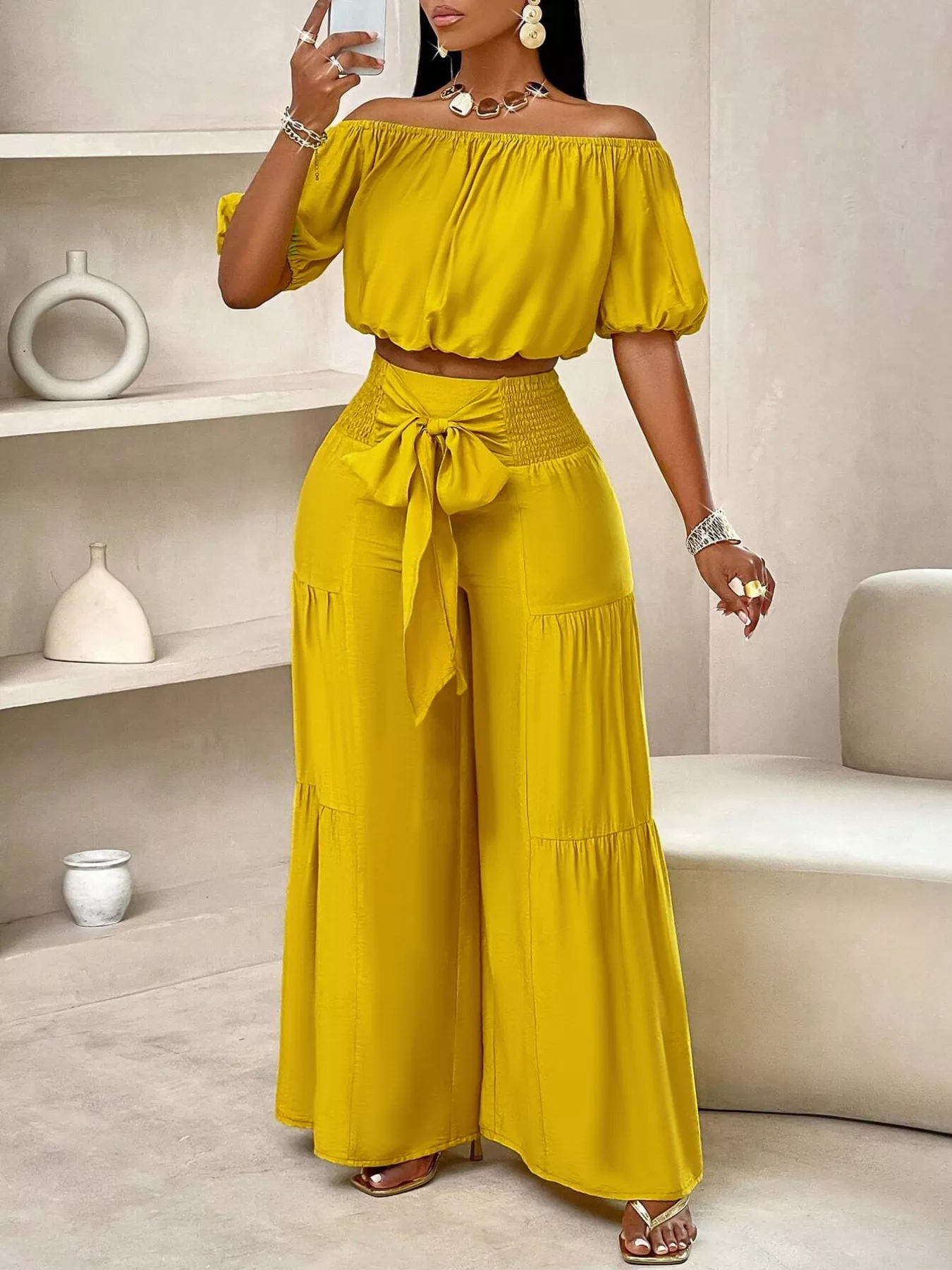 Elegant Off-Shoulder Crop Top and Ruched Wide Leg Pants Set - Image 3