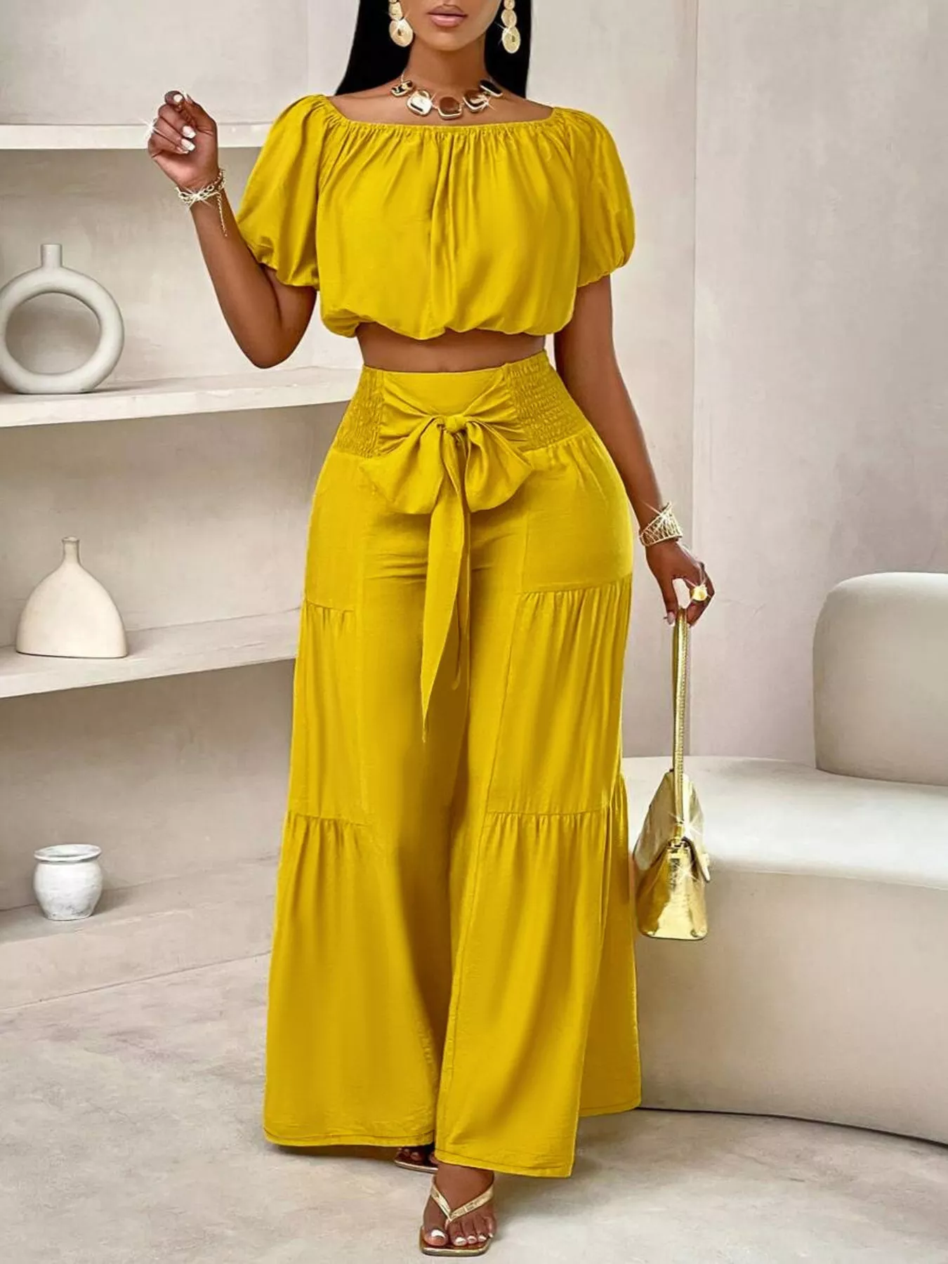 Elegant Off-Shoulder Crop Top and Ruched Wide Leg Pants Set - Image 4
