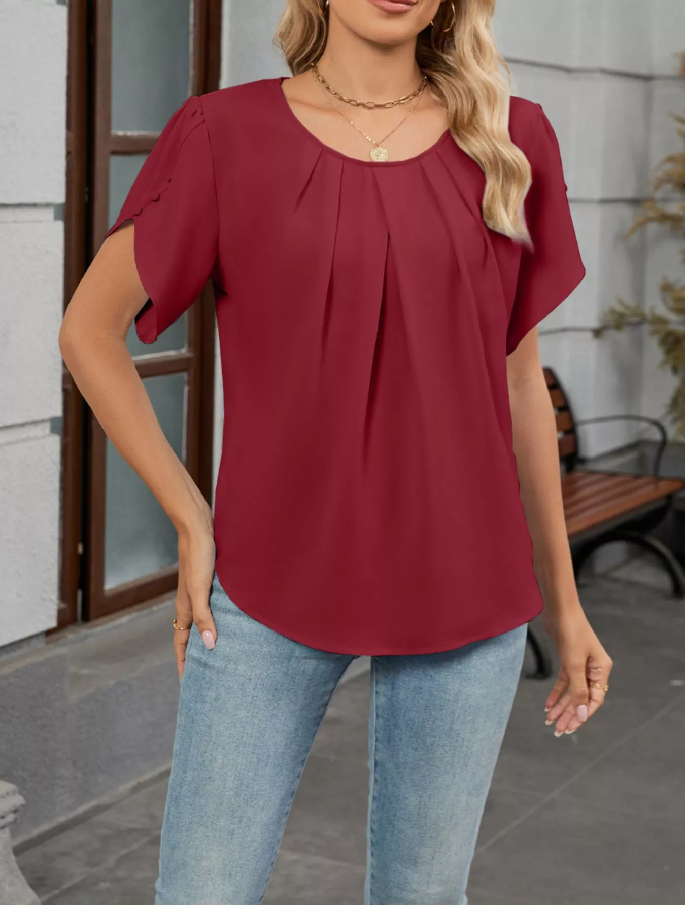 Elegant Pleated Flowy Short Sleeve Blouse - Image 2
