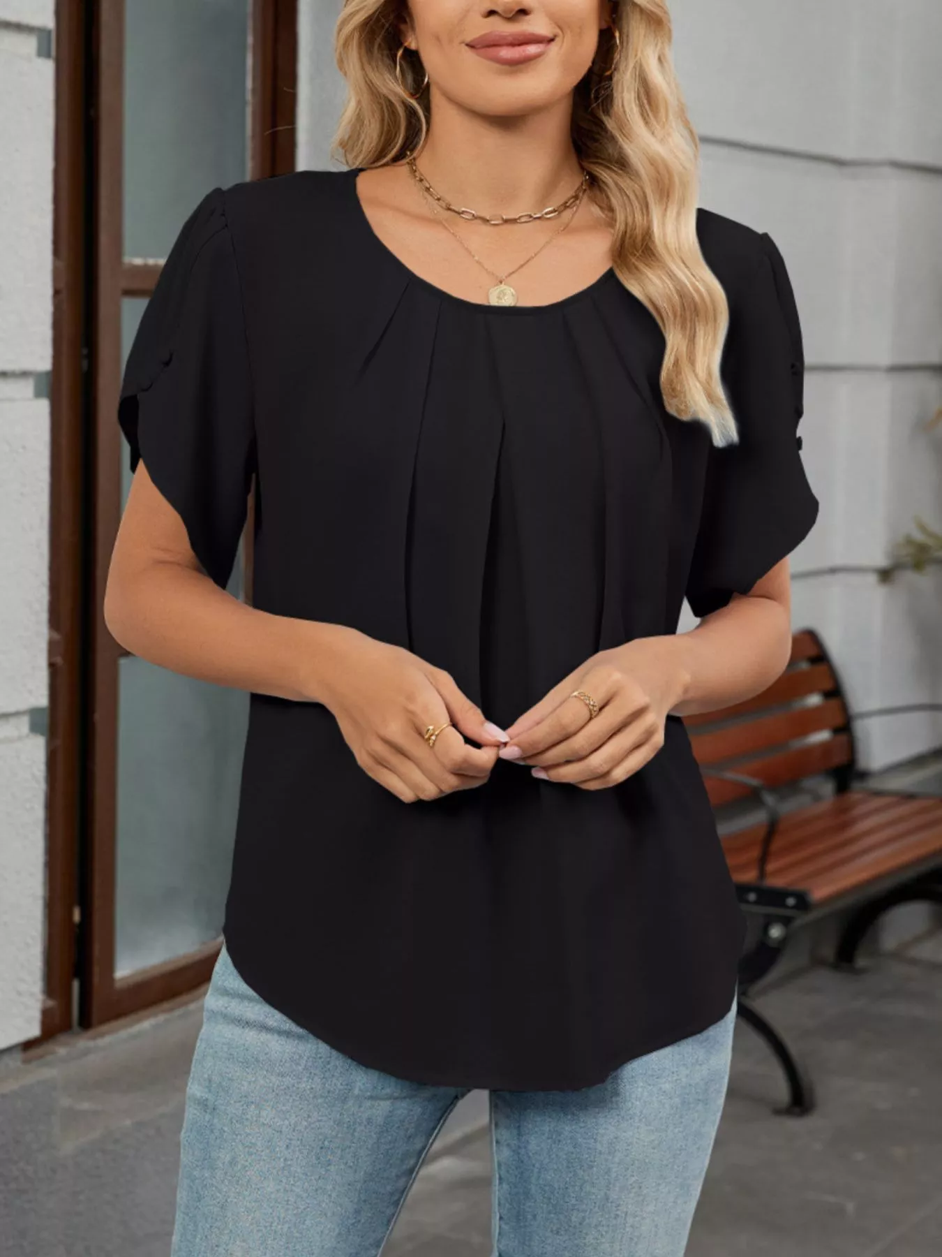Elegant Pleated Flowy Short Sleeve Blouse - Image 6