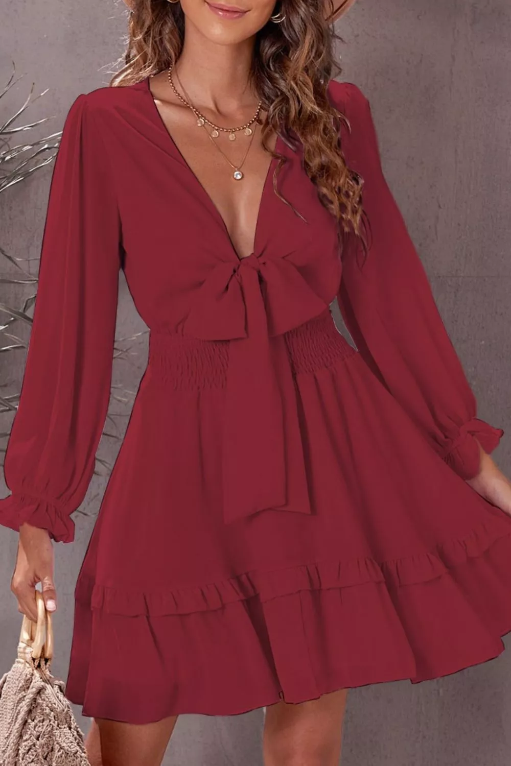 Elegant Tie-Front Ruffle Mini Dress with Smocked Wiast - Image 14