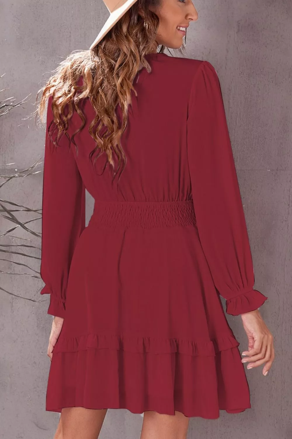Elegant Tie-Front Ruffle Mini Dress with Smocked Wiast - Image 15