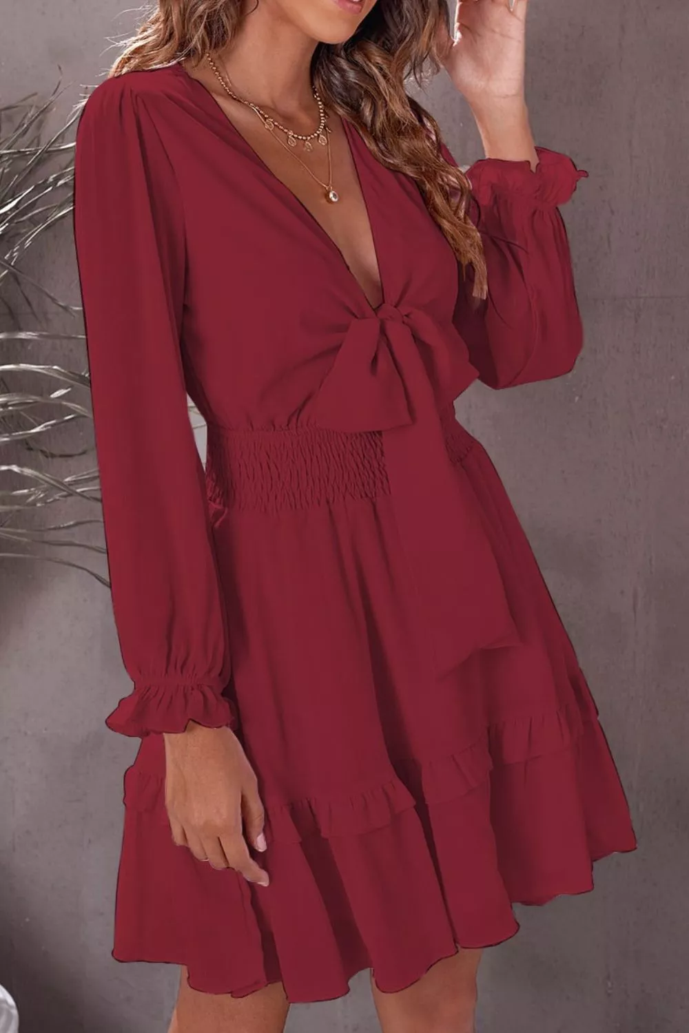 Elegant Tie-Front Ruffle Mini Dress with Smocked Wiast - Image 16