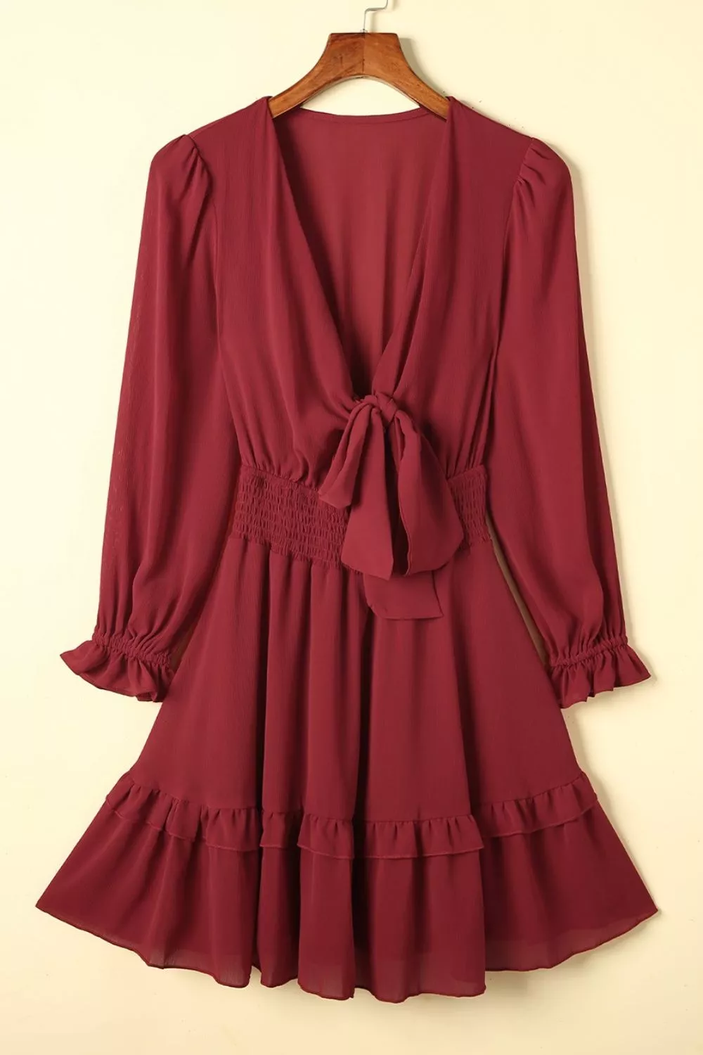 Elegant Tie-Front Ruffle Mini Dress with Smocked Wiast - Image 17