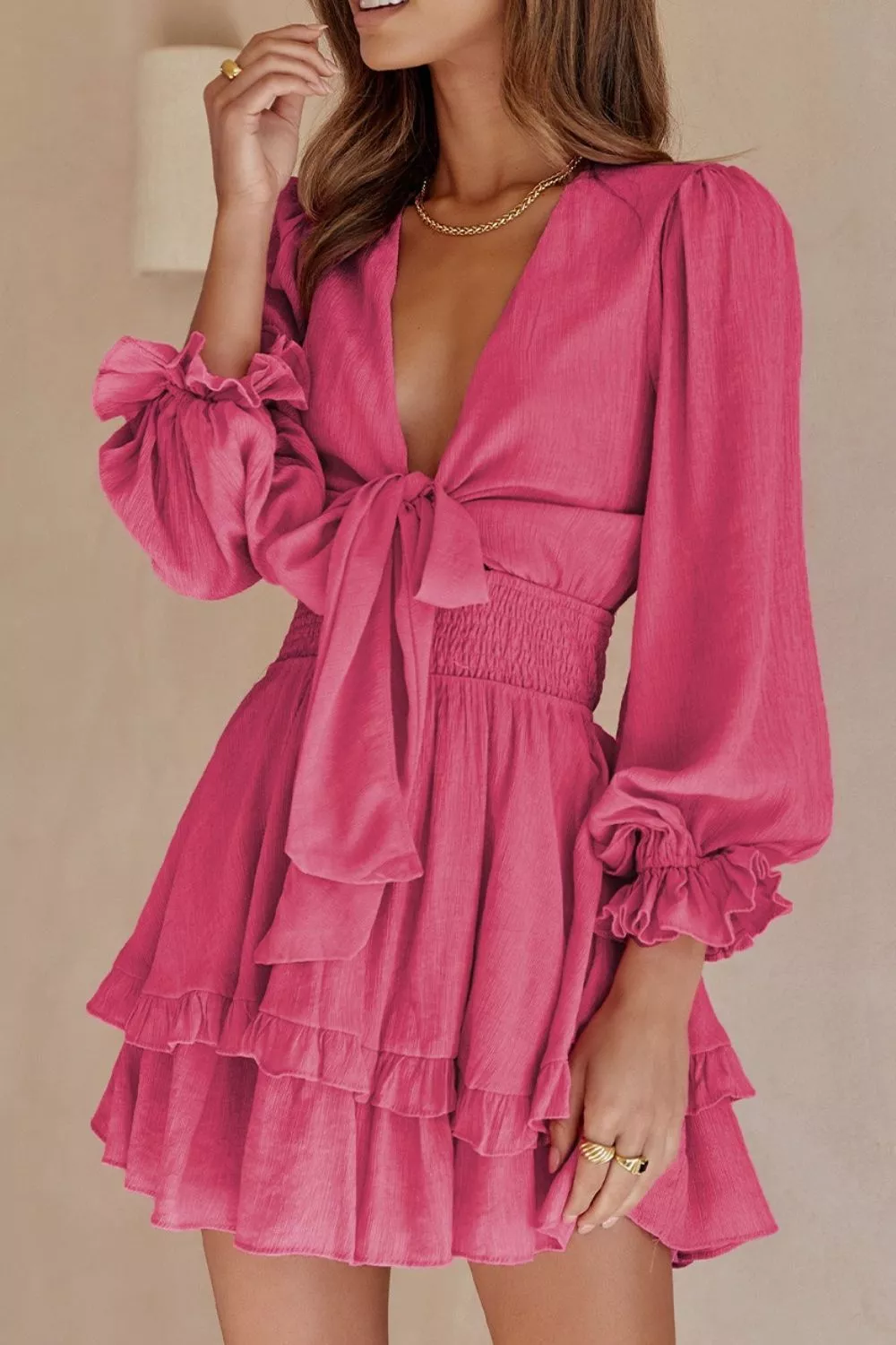Elegant Tie-Front Ruffle Mini Dress with Smocked Wiast - Image 3