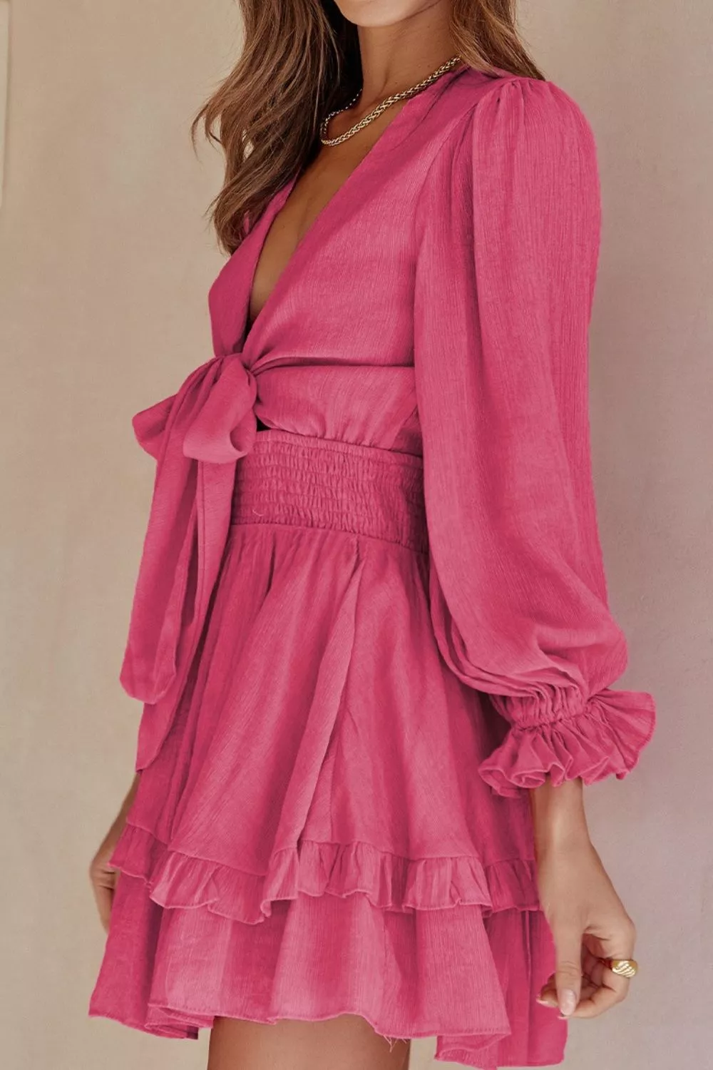 Elegant Tie-Front Ruffle Mini Dress with Smocked Wiast - Image 4