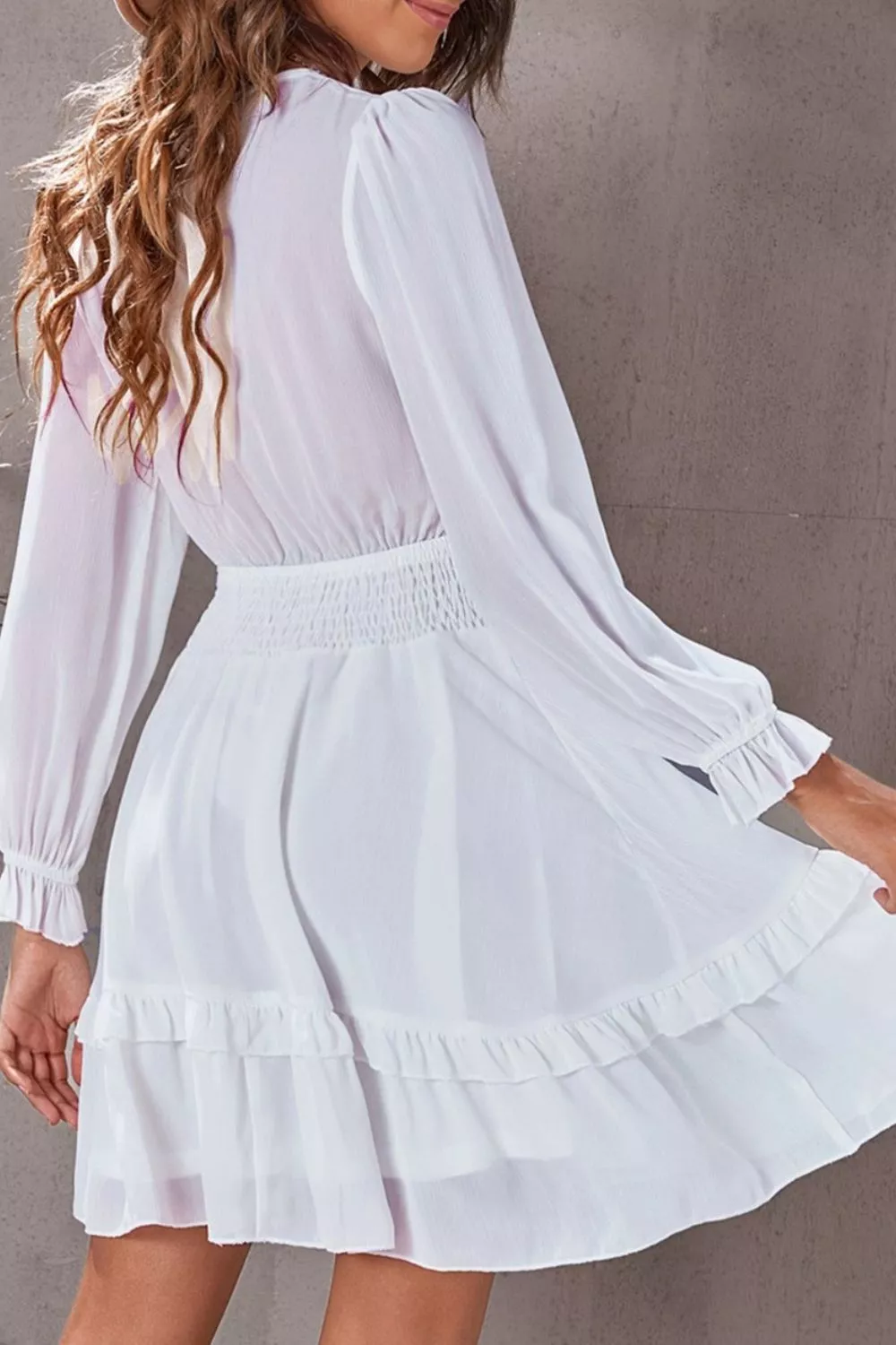 Elegant Tie-Front Ruffle Mini Dress with Smocked Wiast - Image 8