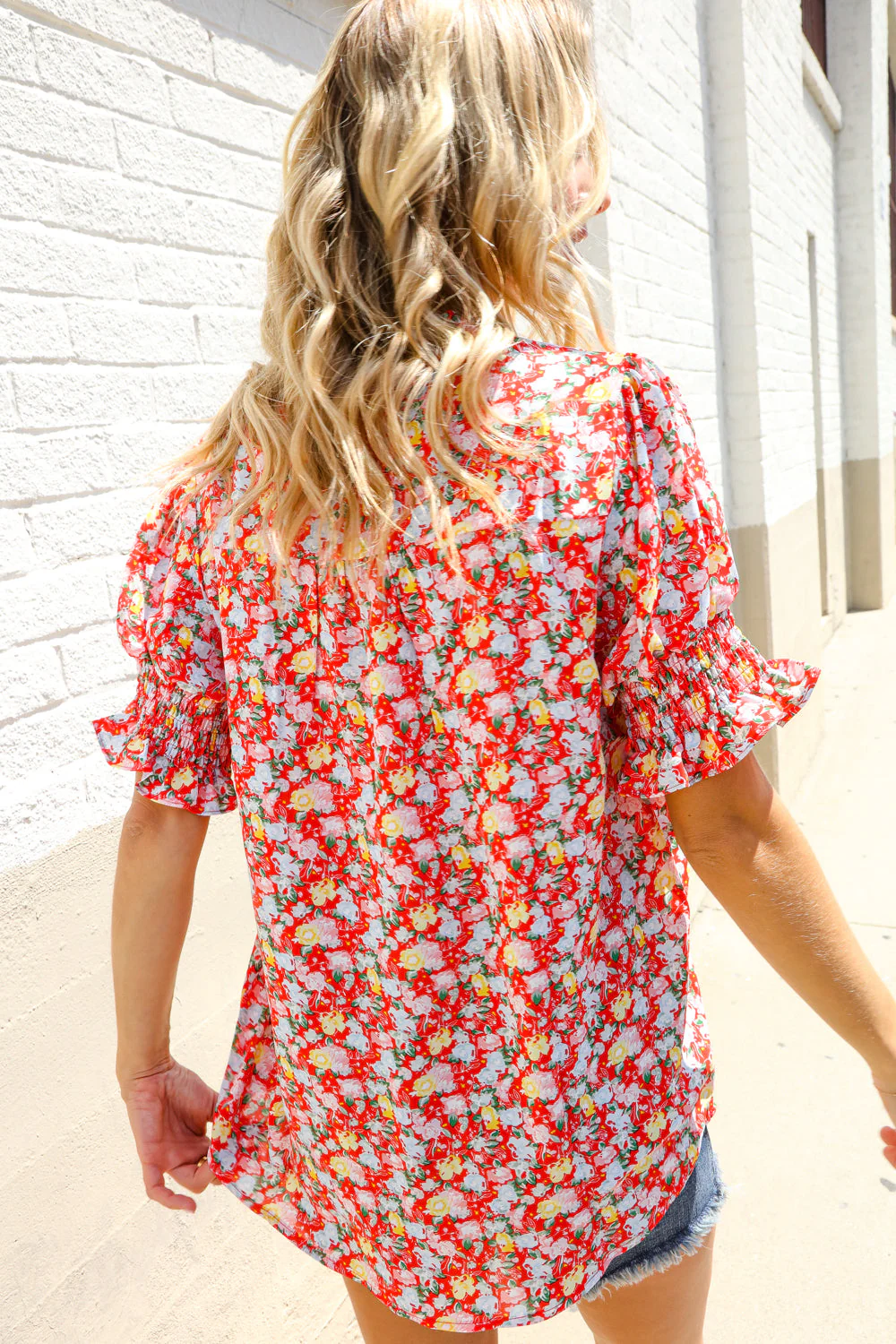 Elegant You Ruby Notched Neck Floral Smocked Sleeve Blouse - Image 17