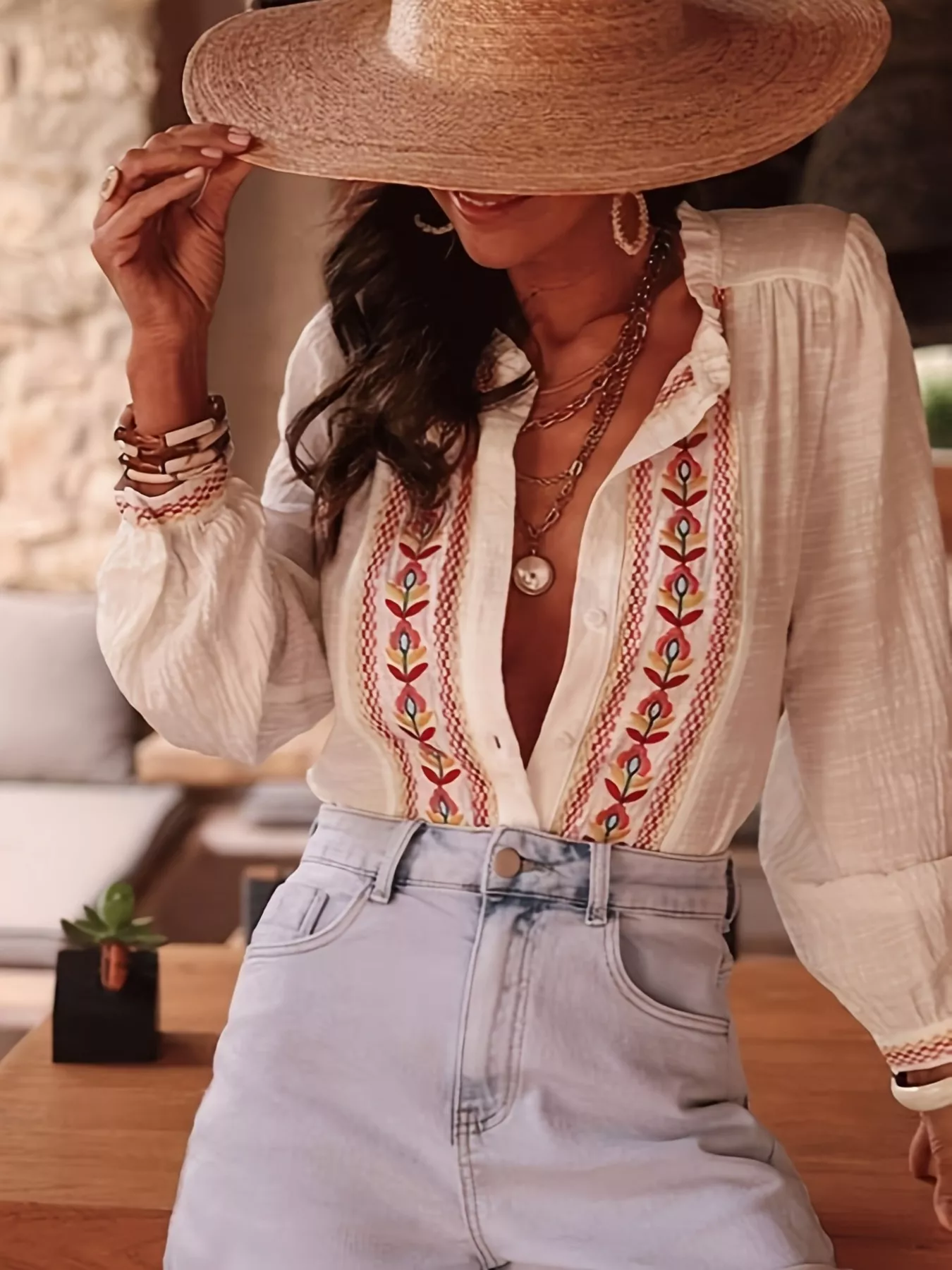 Embroidered Button Up Long Sleeve Shirt - Image 3