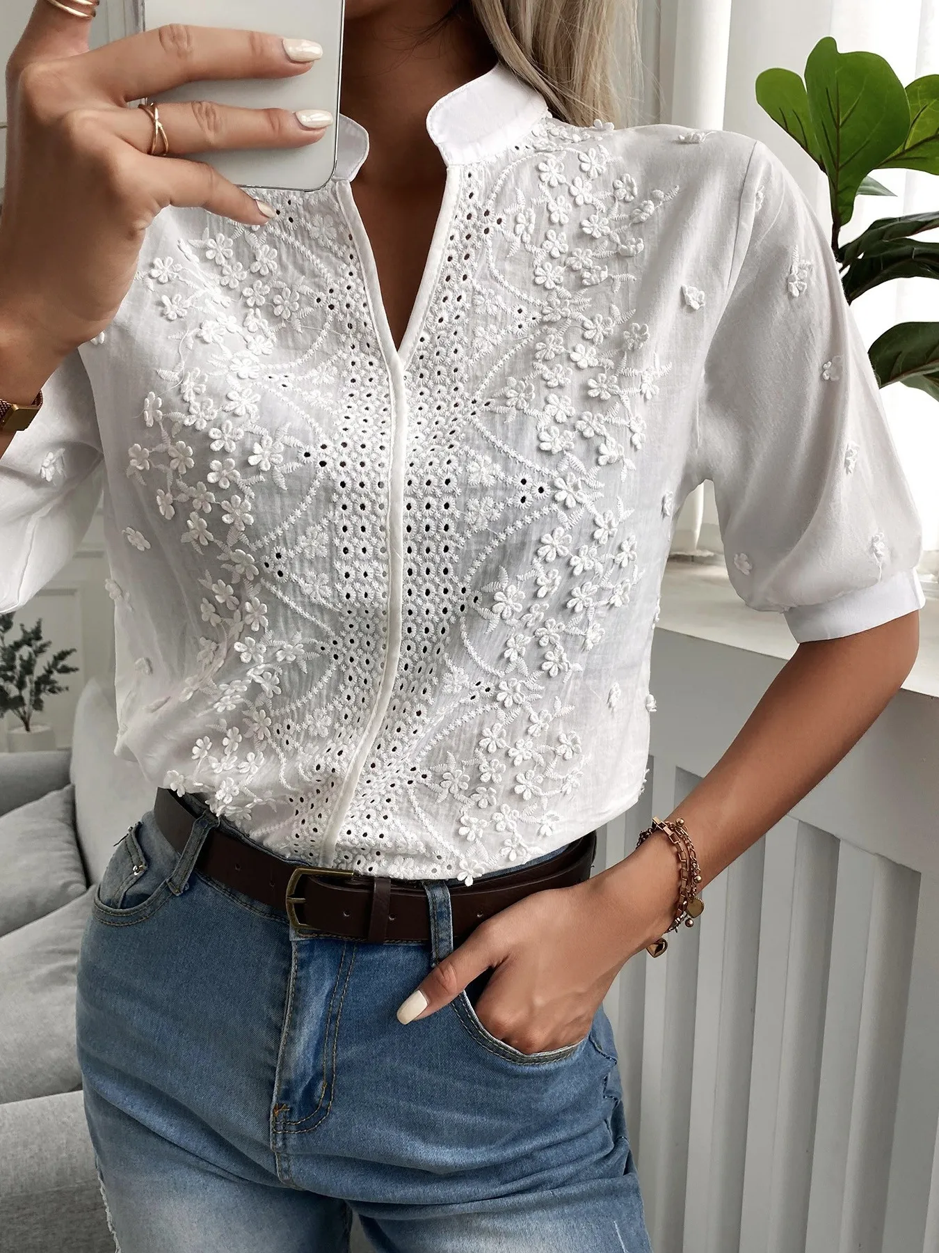 Embroidered Eyelet Notched Half Sleeve Blouse - Image 3