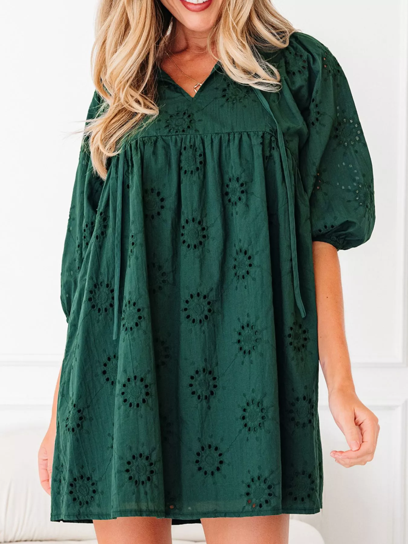 Embroidered Eyelet Pattern 3/4 Puffy Sleeve Swing Mini Dress - Image 4