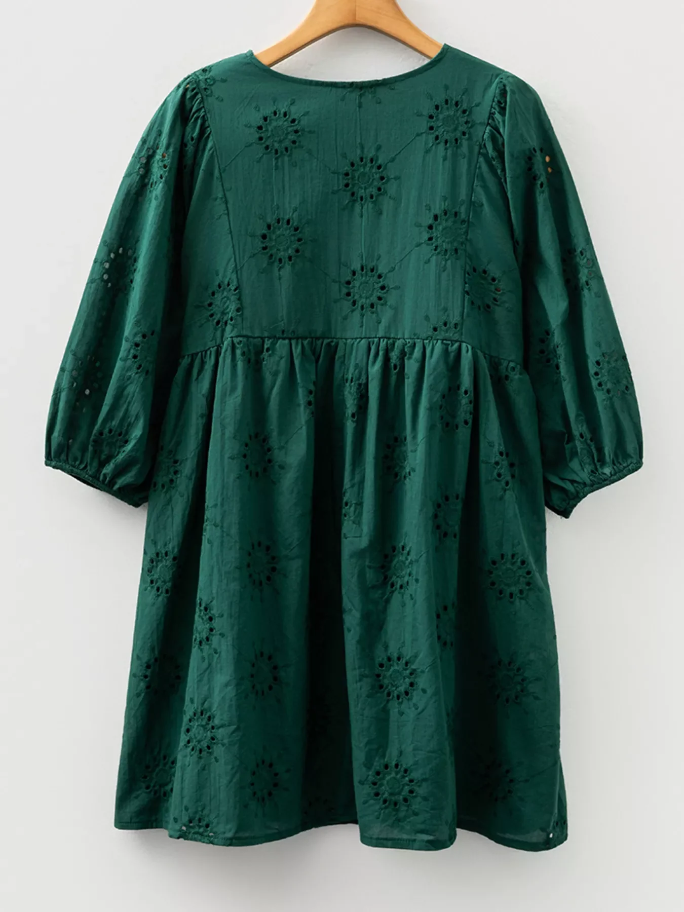 Embroidered Eyelet Pattern 3/4 Puffy Sleeve Swing Mini Dress - Image 7