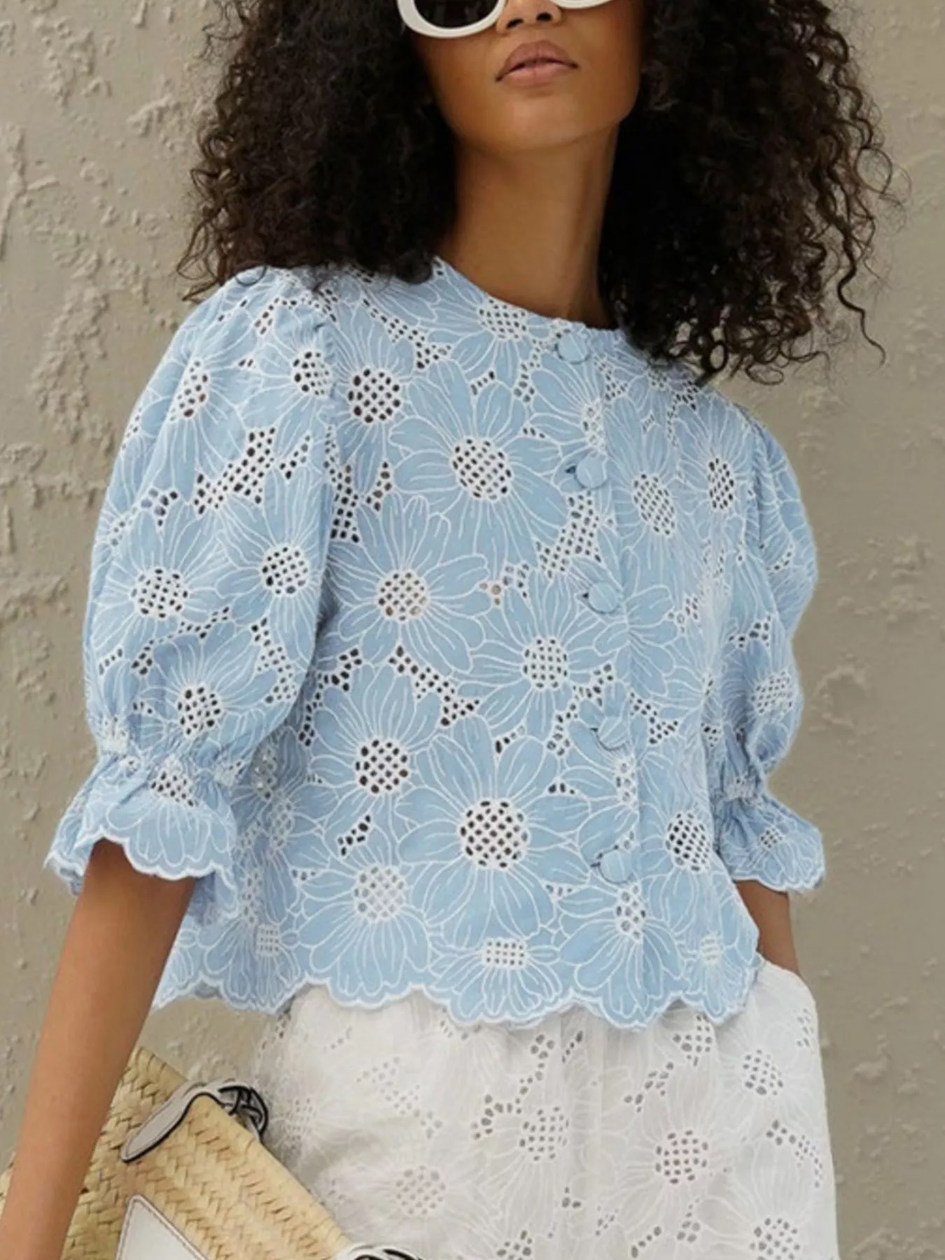 Embroidered Flounce Sleeve Blouse - Image 3