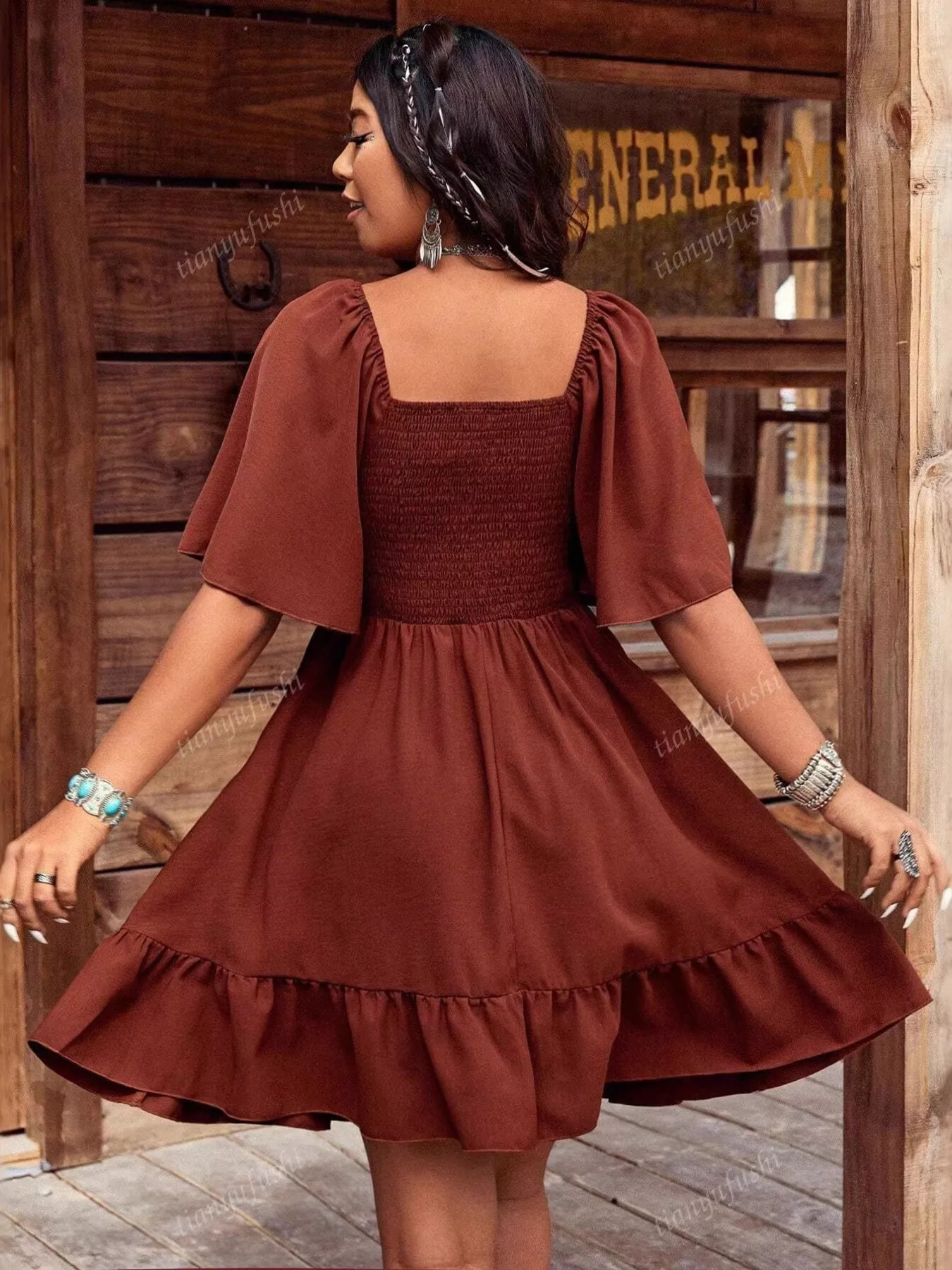 Embroidered Flutter Sleeve Mini Dress - Image 10