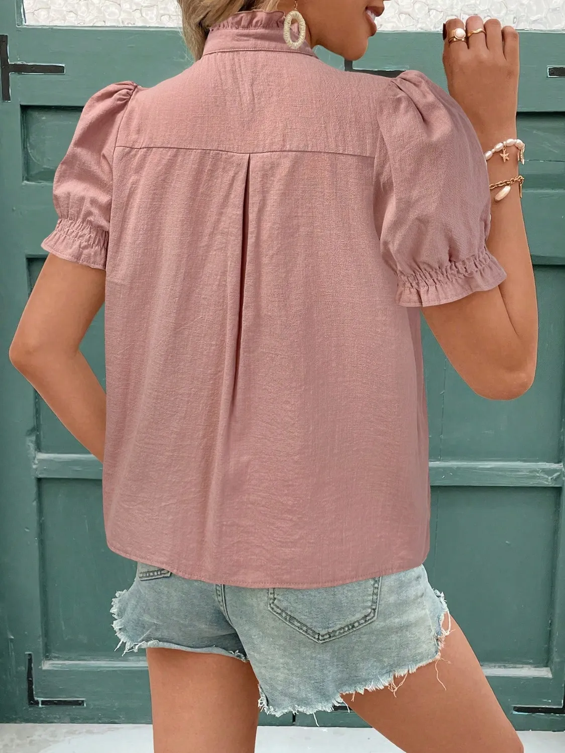 Embroidered Frill Notched Short Sleeve Blouse - Image 9