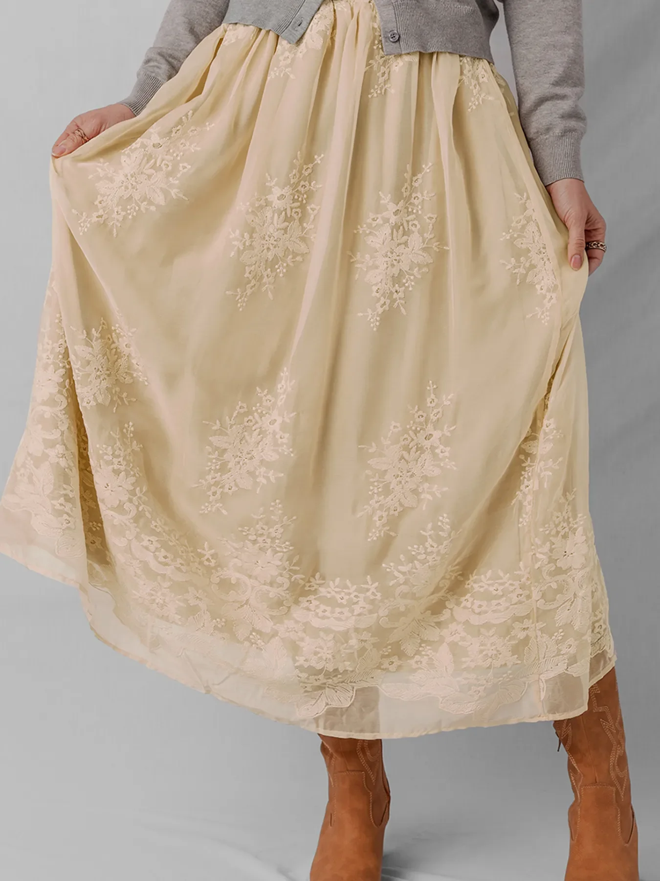 Embroidered Mesh Overlay Flowy Midi Skirt - Image 3