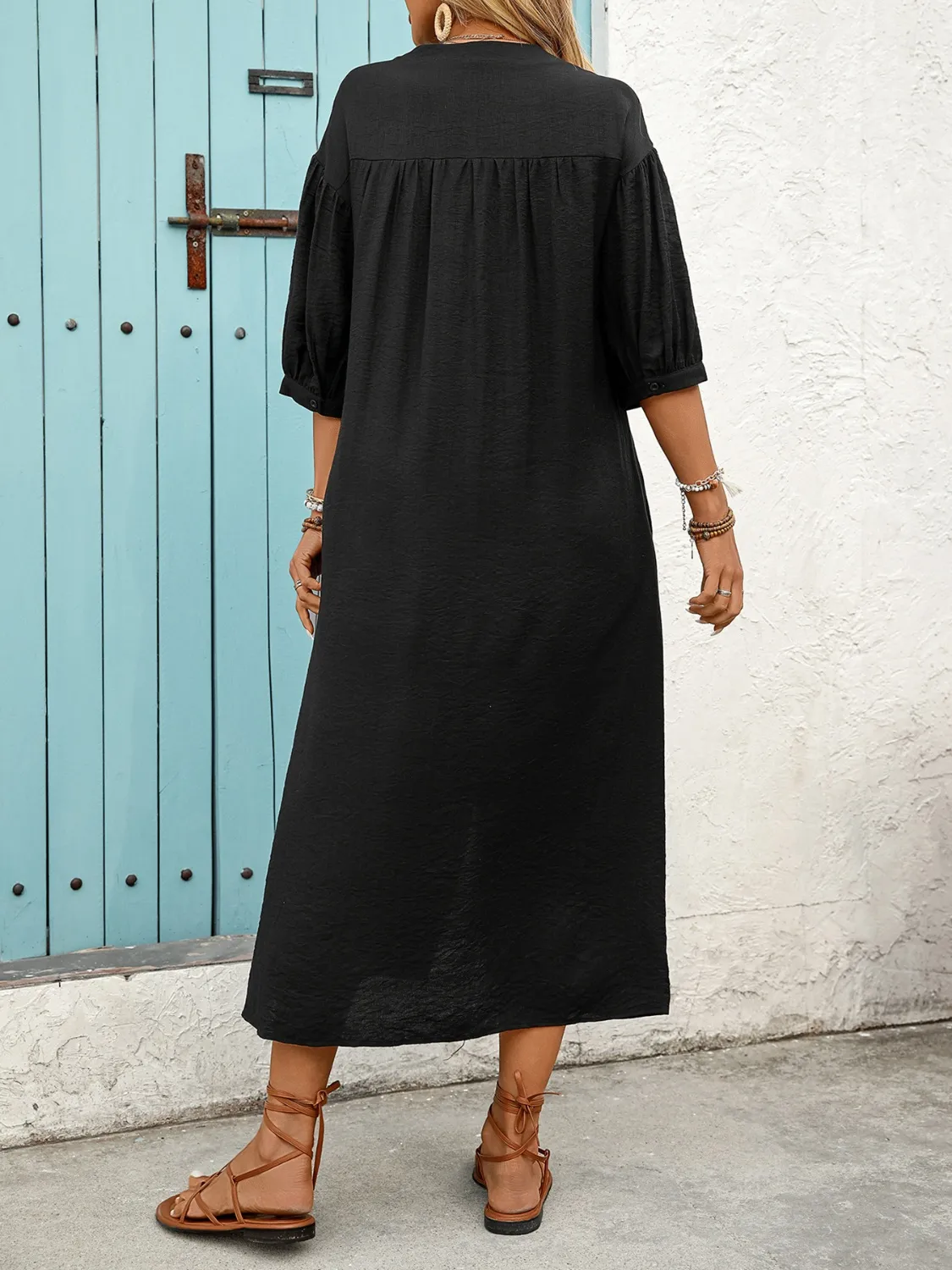 Embroidered Notched Half Sleeve Midi Dress - Image 6