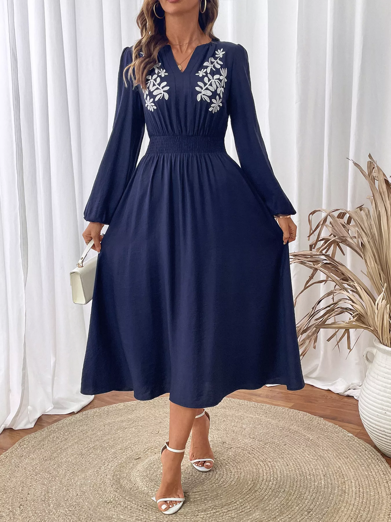 Embroidered Notched Long Sleeve Midi Dress - Image 5