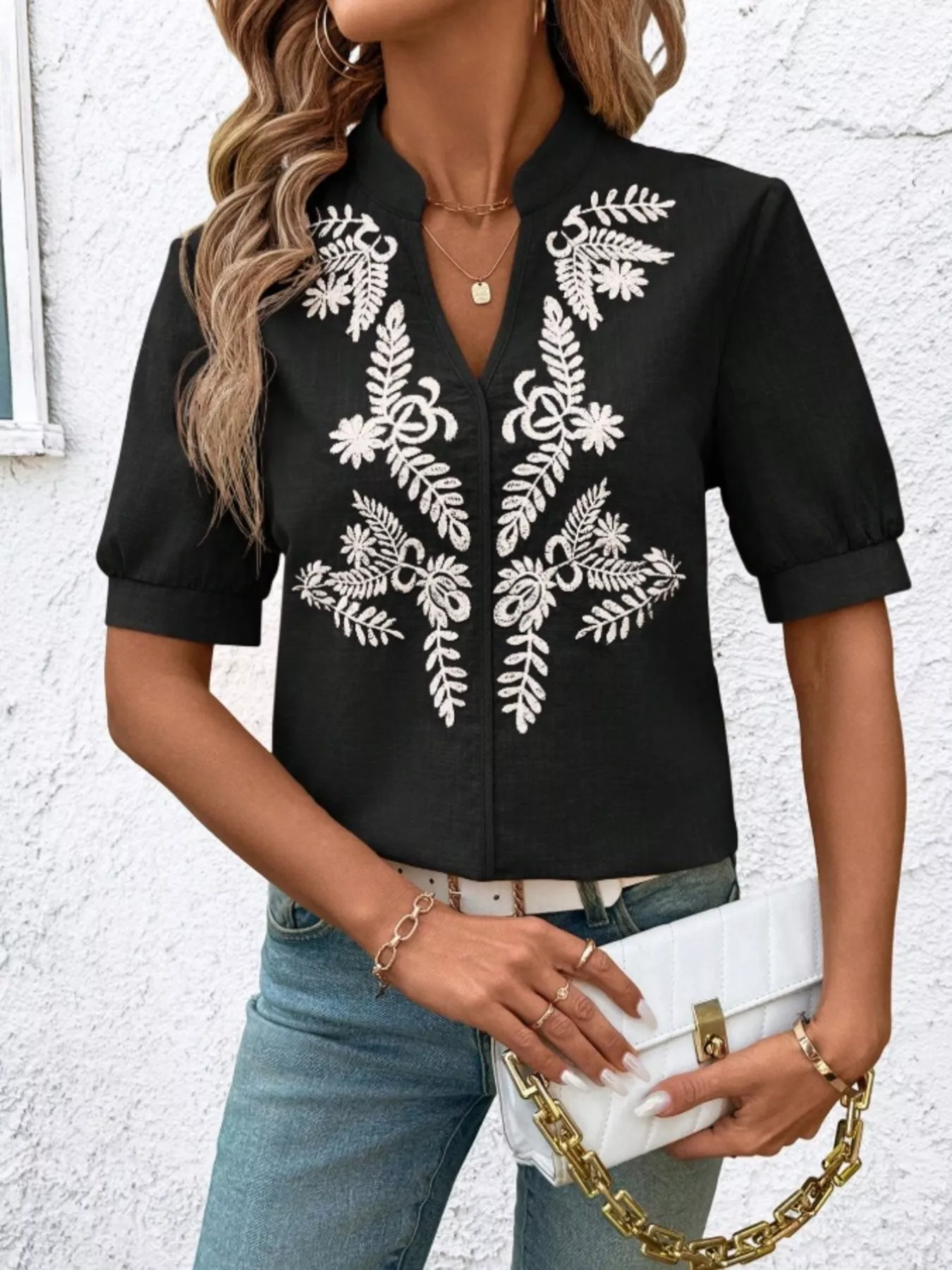 Embroidered Notched Short Sleeve Blouse - Image 19
