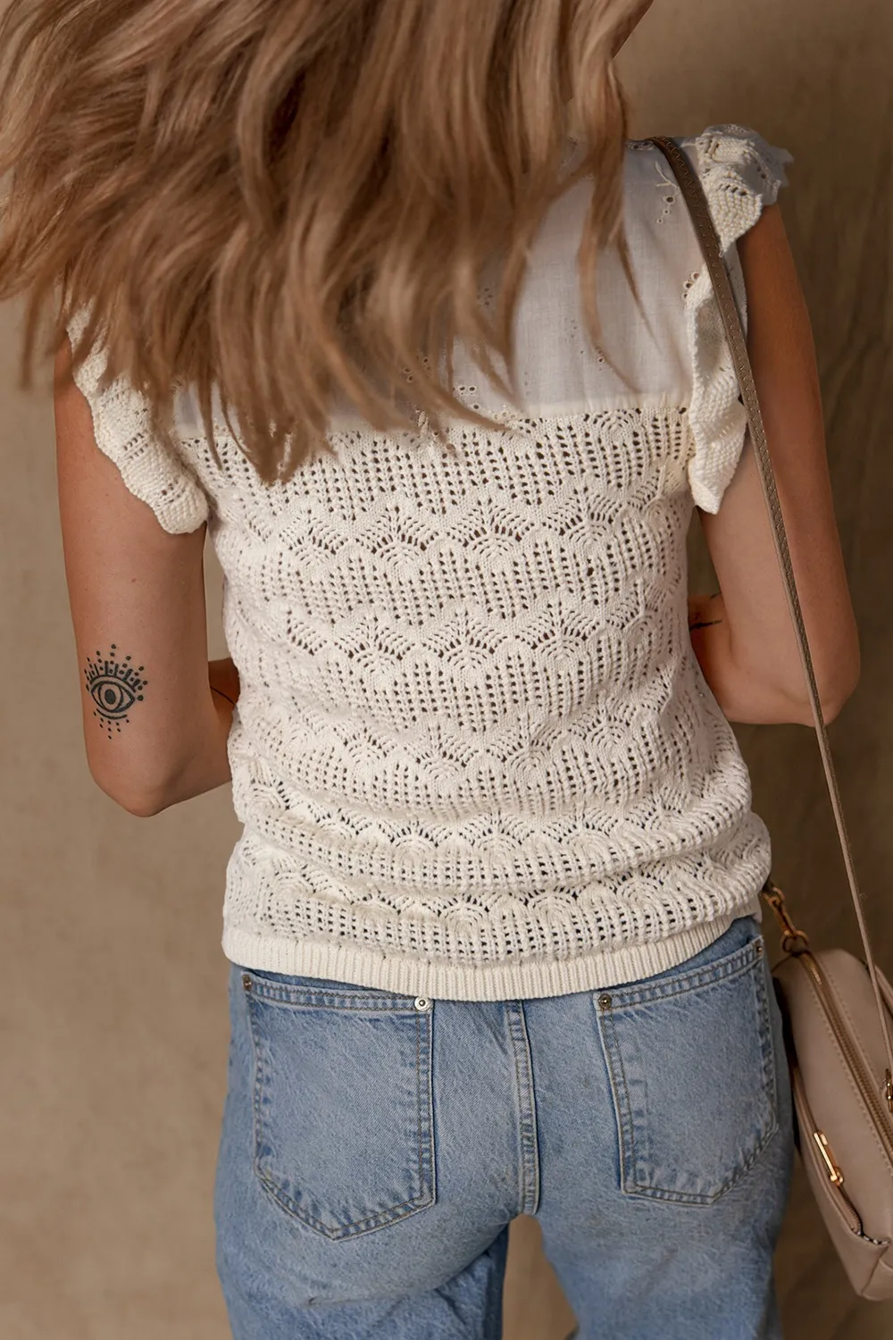 Embroidered Patchwork Hollow Out Knitted Ruffle Sweater Vest - Image 2