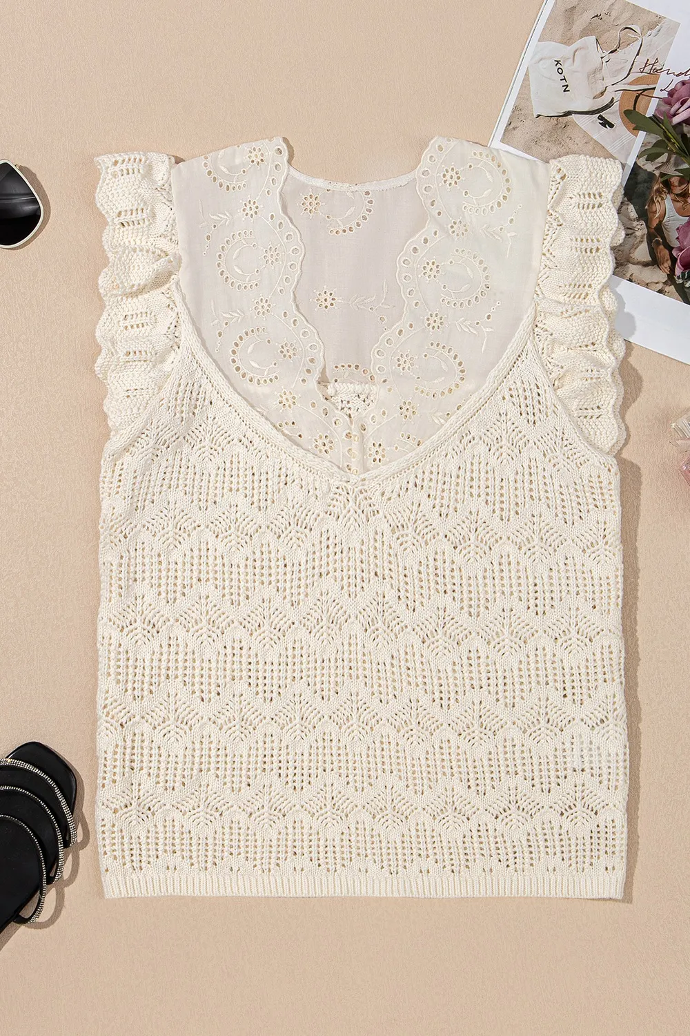 Embroidered Patchwork Hollow Out Knitted Ruffle Sweater Vest - Image 5